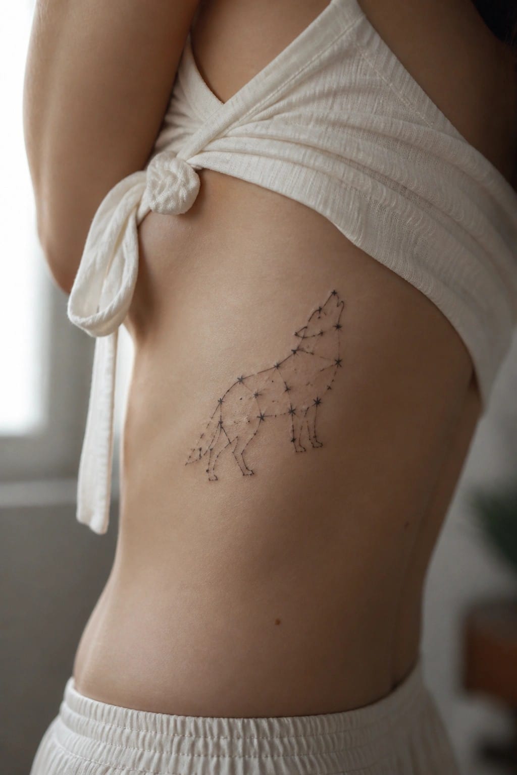 Constellation wolf tattoo on side below white knotted crop top