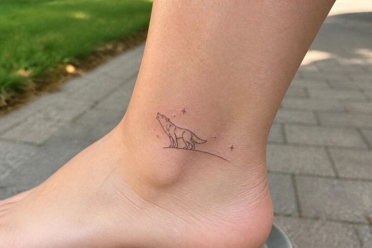 24 Striking Lone Wolf Tattoo Ideas for Women Who Want a Symbol of Freedom Small line art tattoo of a howling wolf standing on a hill with stars overhead, placed on the ankle.