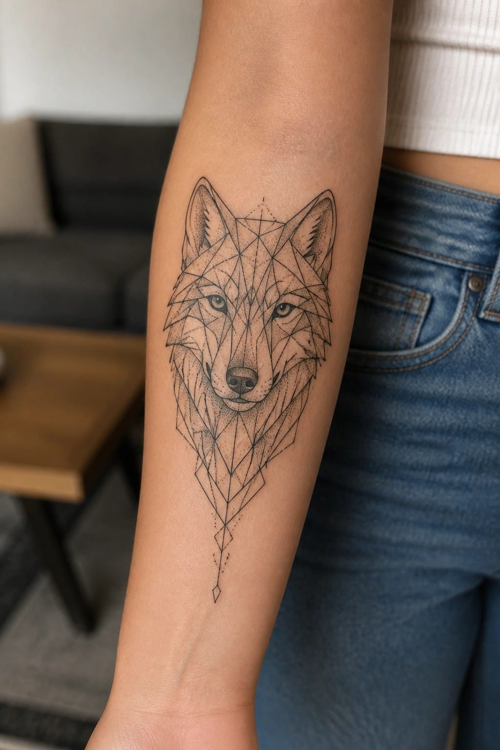 Geometric wolf head tattoo on forearm above blue denim jeans
