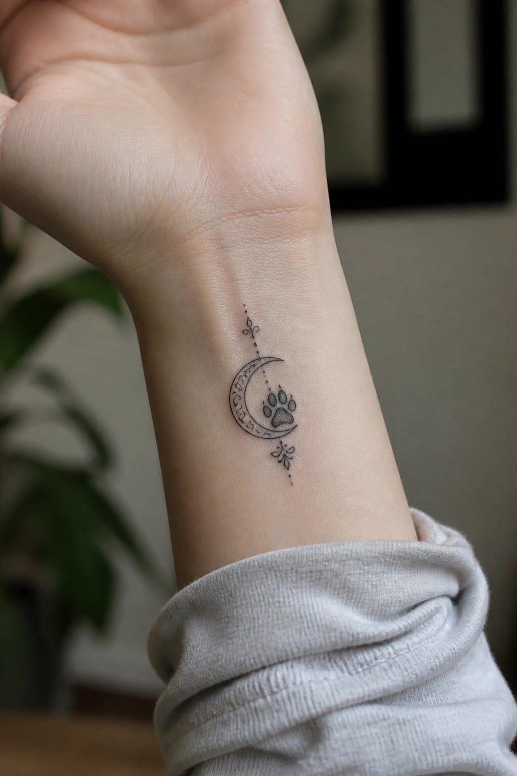 Wrist tattoo of crescent moon with paw print, dots and flourishes above gray sleeve.