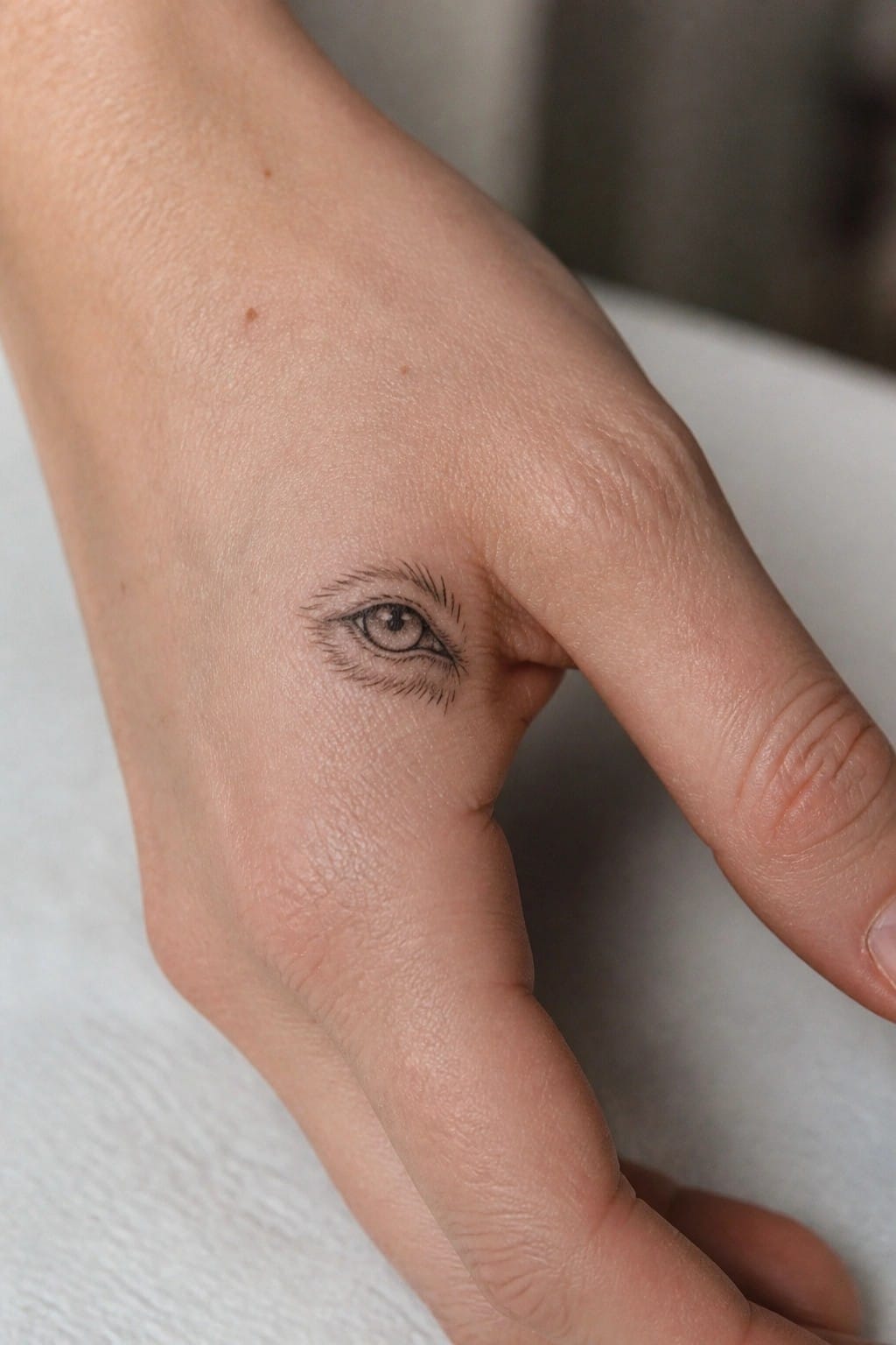 Small fine line eye tattoo on the side of a hand near the thumb base