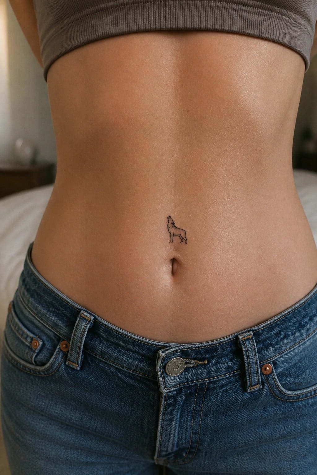 Woman's midriff with small wolf tattoo above navel, gray crop top and jeans.