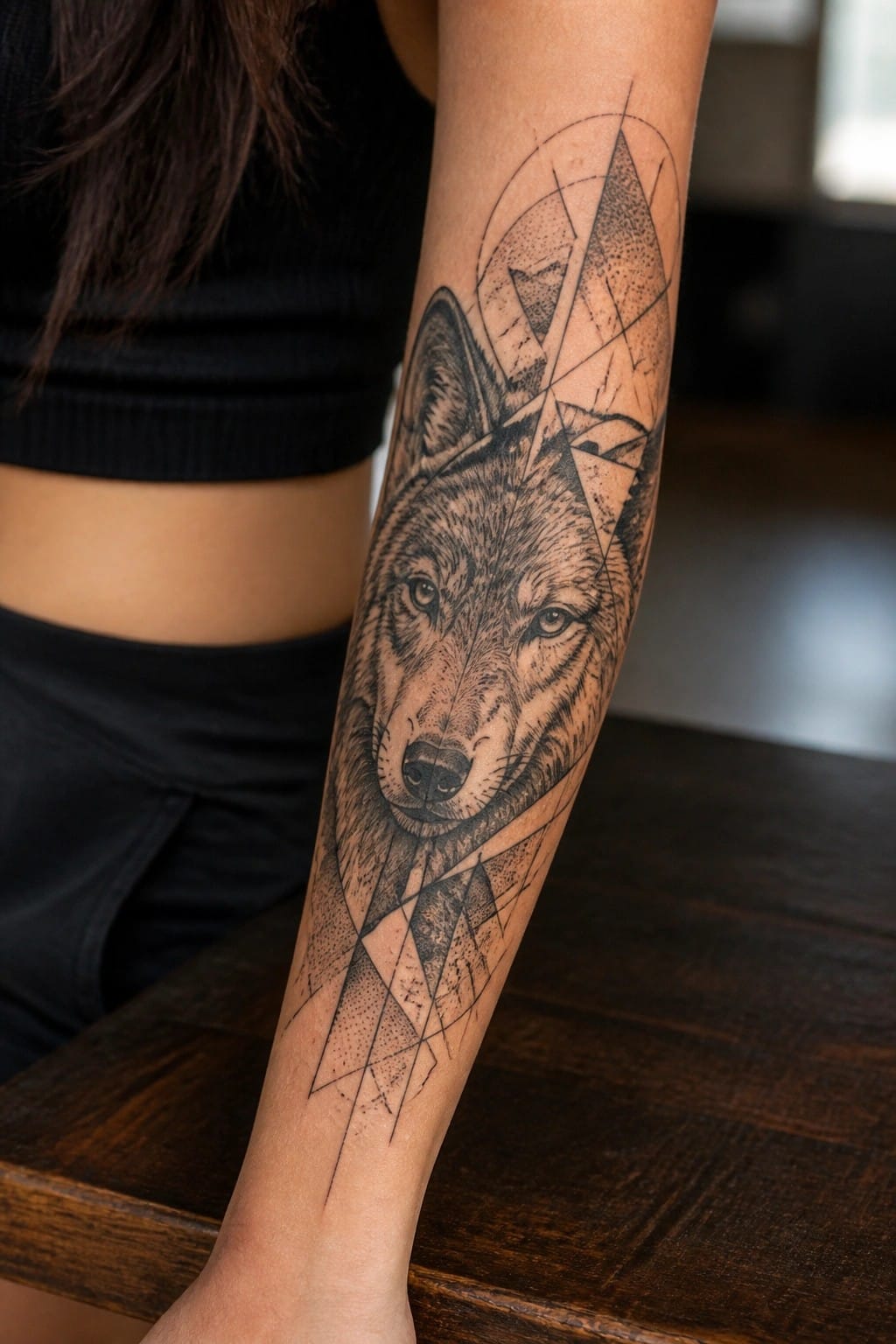 Intricate wolf tattoo with geometric lines on forearm, black clothing, wooden table