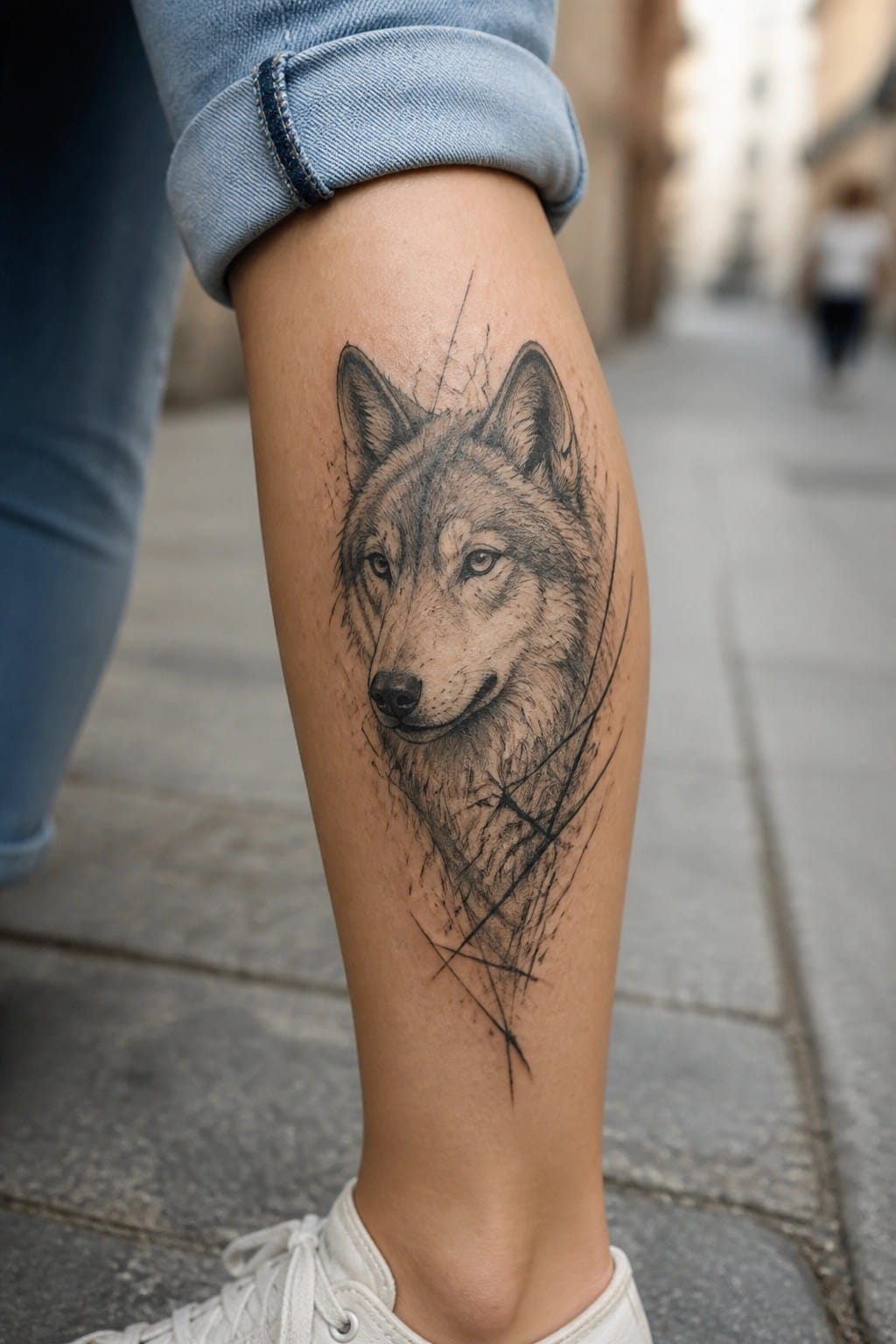 Wolf head tattoo on calf below rolled blue jeans and white sneaker