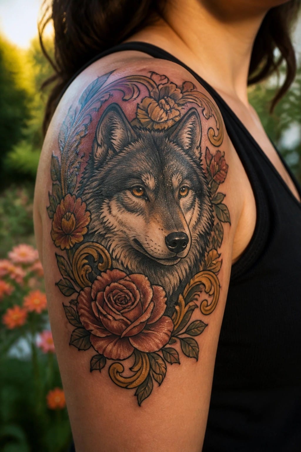 Detailed wolf tattoo with amber eyes, red roses, and gold swirls on shoulder