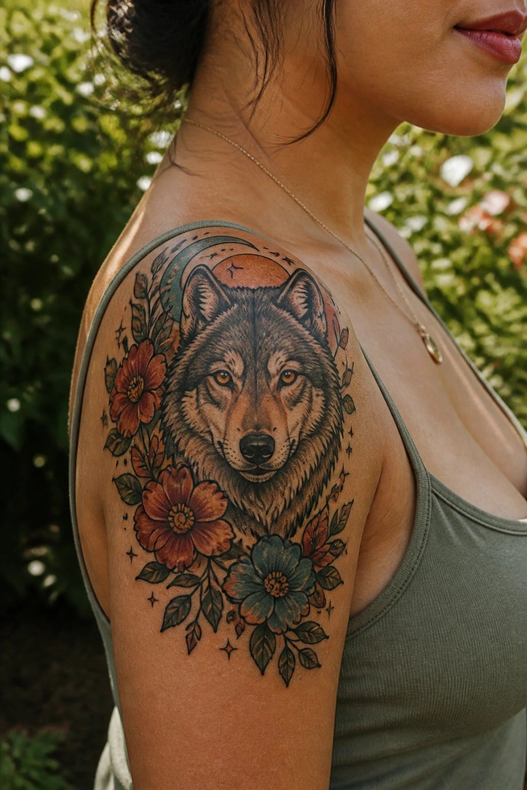 Woman's shoulder with wolf tattoo, red-blue flowers, moon, and green tank top