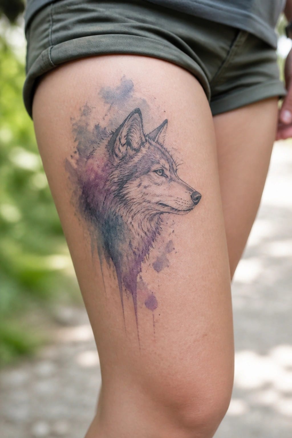 Wolf head tattoo with purple-blue watercolor splashes on thigh in green shorts.