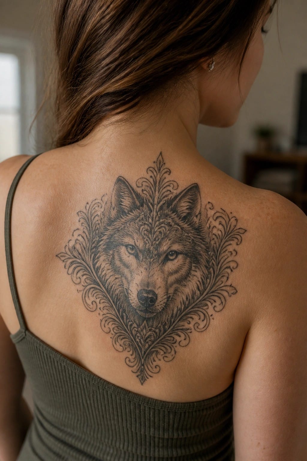 Woman's upper back with large ornate wolf tattoo over gray tank top.