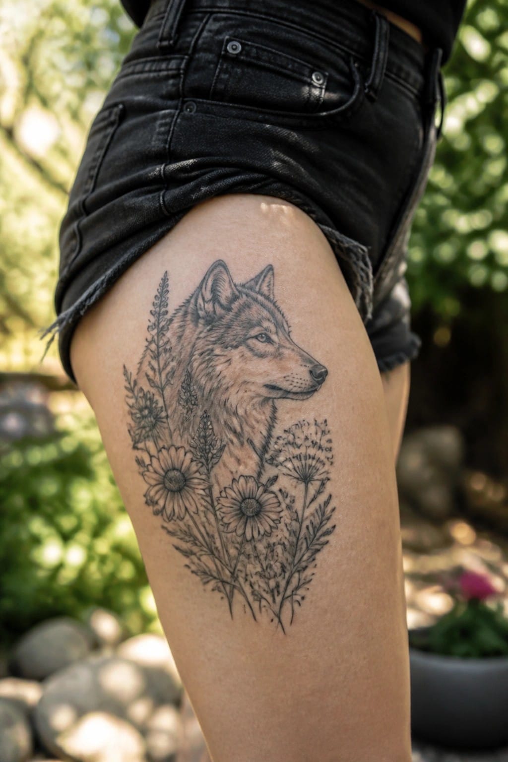Wolf tattoo with wildflowers on thigh beneath black denim shorts