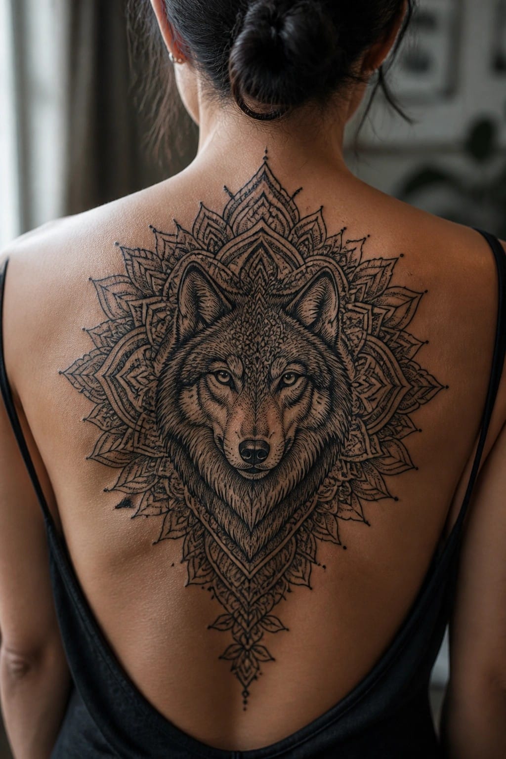 Woman's back with intricate black wolf mandala tattoo in tank top