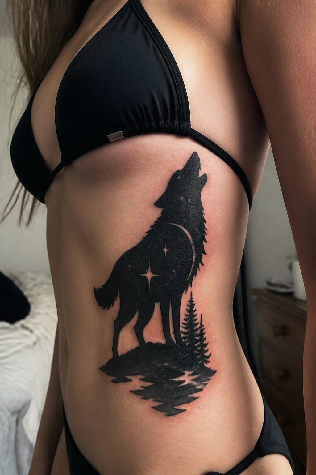 Black bikini top on torso with large howling wolf tattoo, moon, stars, and trees.