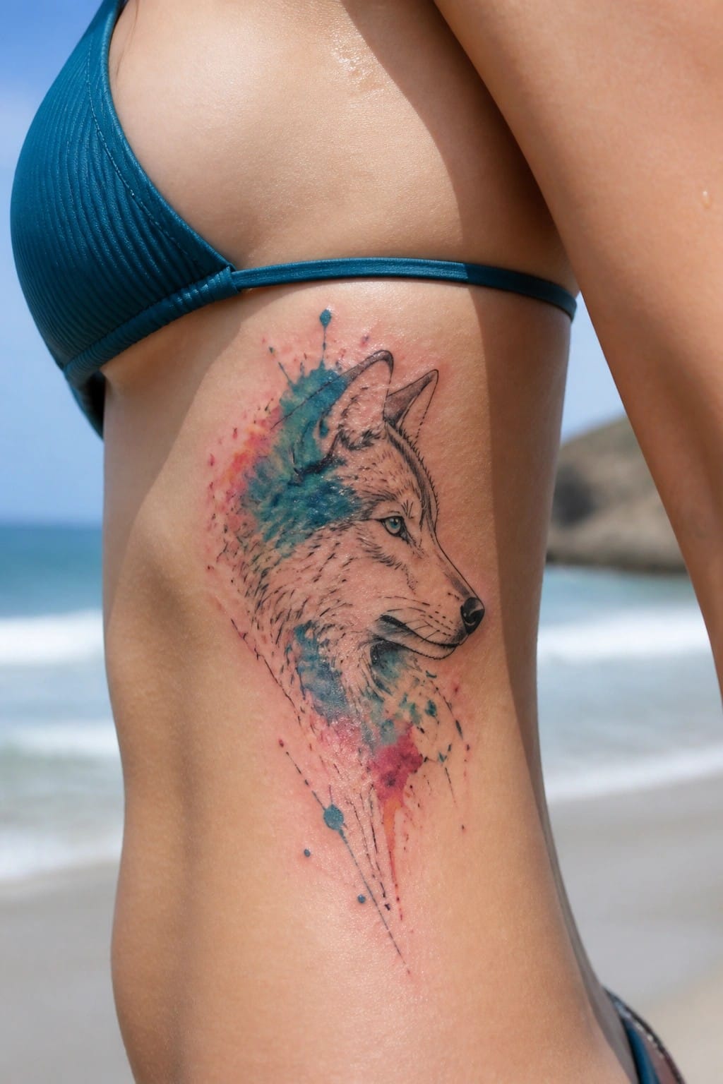 Watercolor wolf tattoo on a woman's ribs showing blue and red splashes with black line work