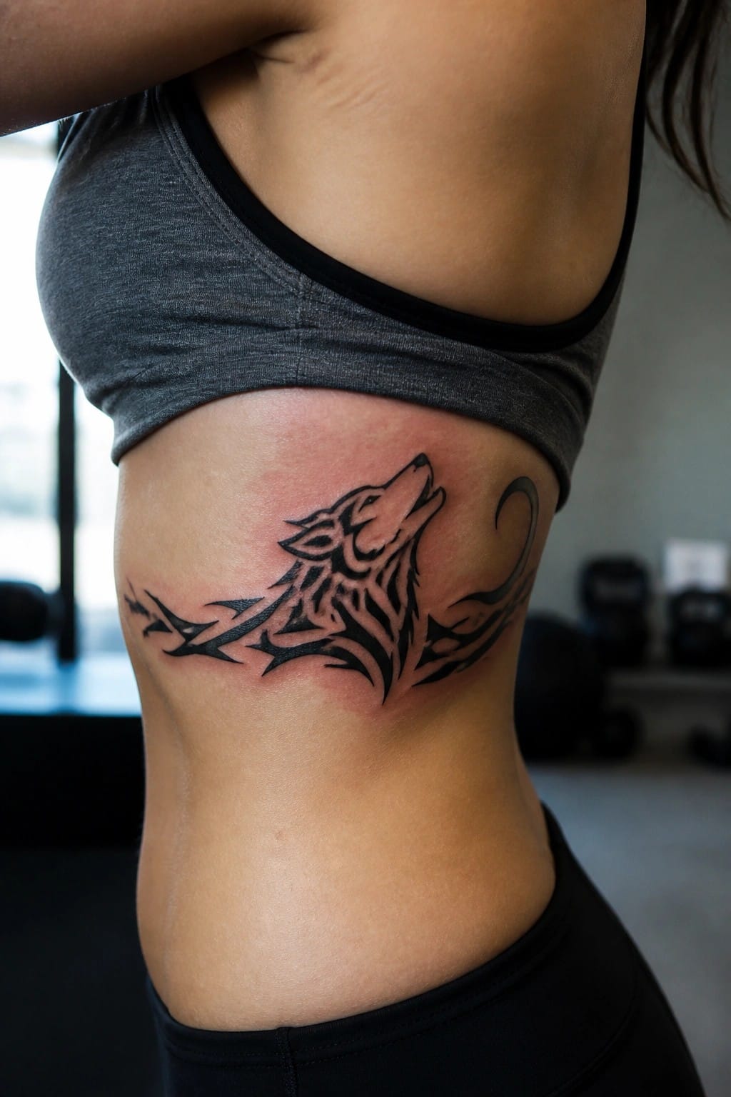 Athletic woman displaying fresh black howling wolf tattoo on ribs under gray sports bra
