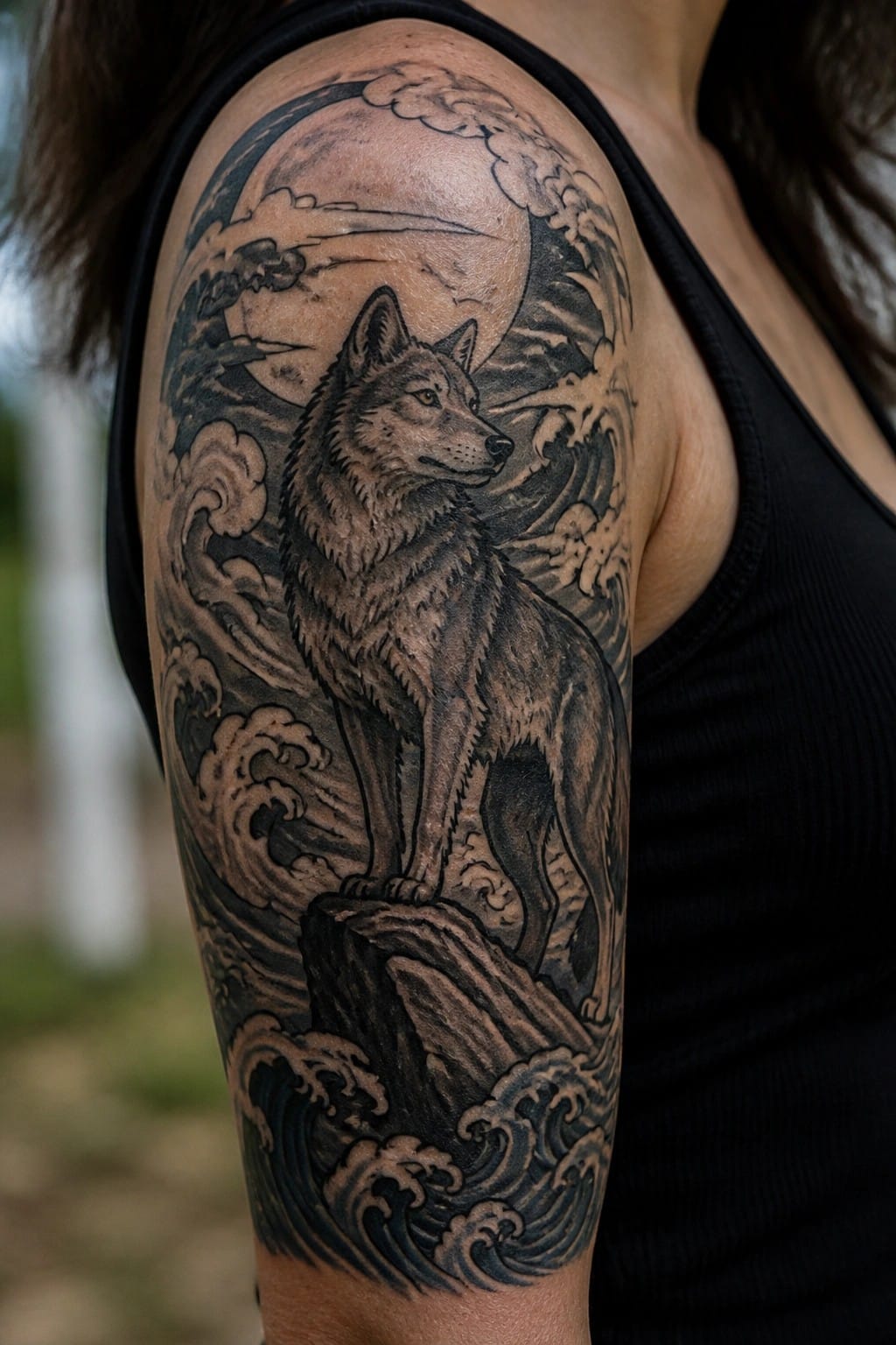 Black and gray tattoo of a wolf standing on a rock with a full moon and crashing waves covering a woman's upper arm and shoulder.