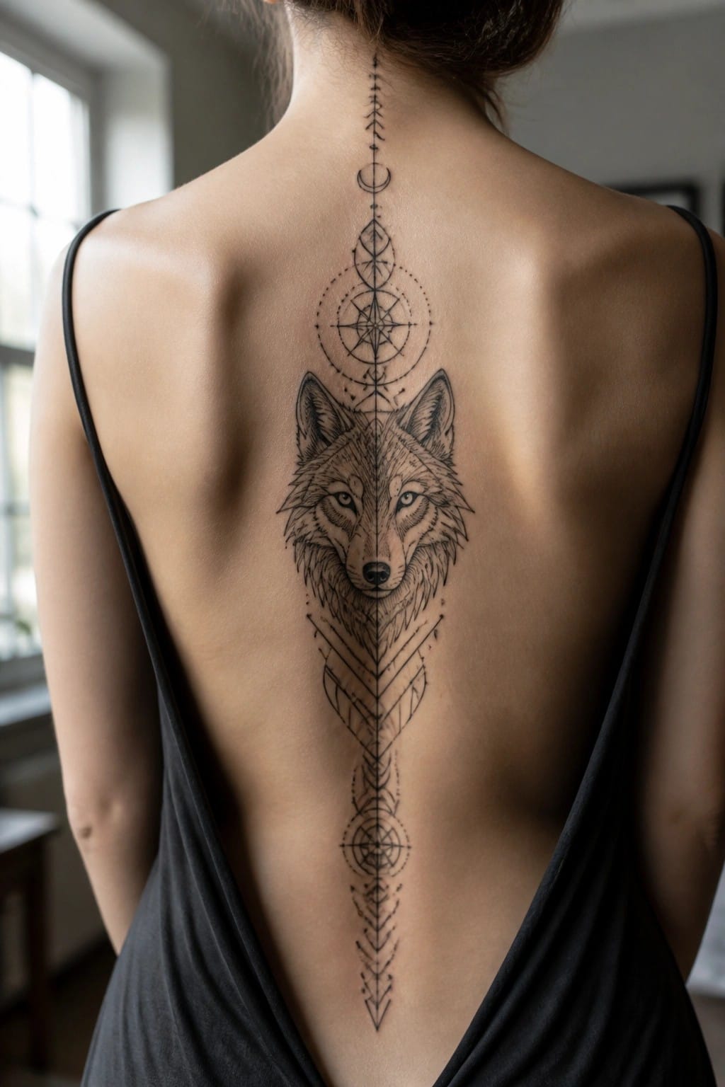 Line art wolf head tattoo on a woman's back with geometric symbols extending vertically above and below it