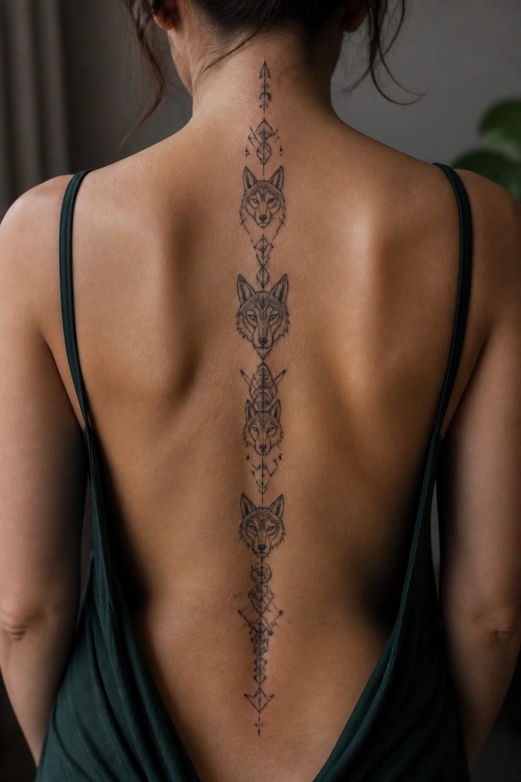 Vertical spine tattoo with stacked wolf heads connected by geometric patterns on a woman's back.