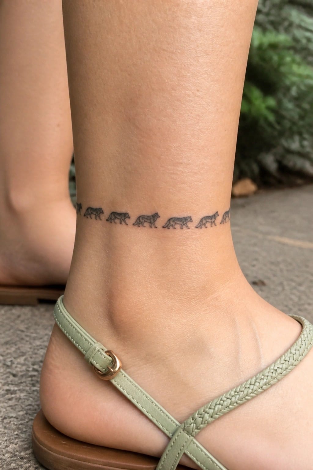 Minimalist black ink tattoo of wolves in a walking line forming a band around a woman's ankle.