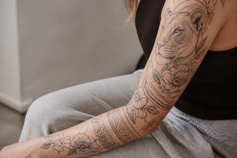 A woman's arm featuring a lioness head on the upper arm surrounded by roses and leaves that flow into geometric and mandala patterns down the forearm.