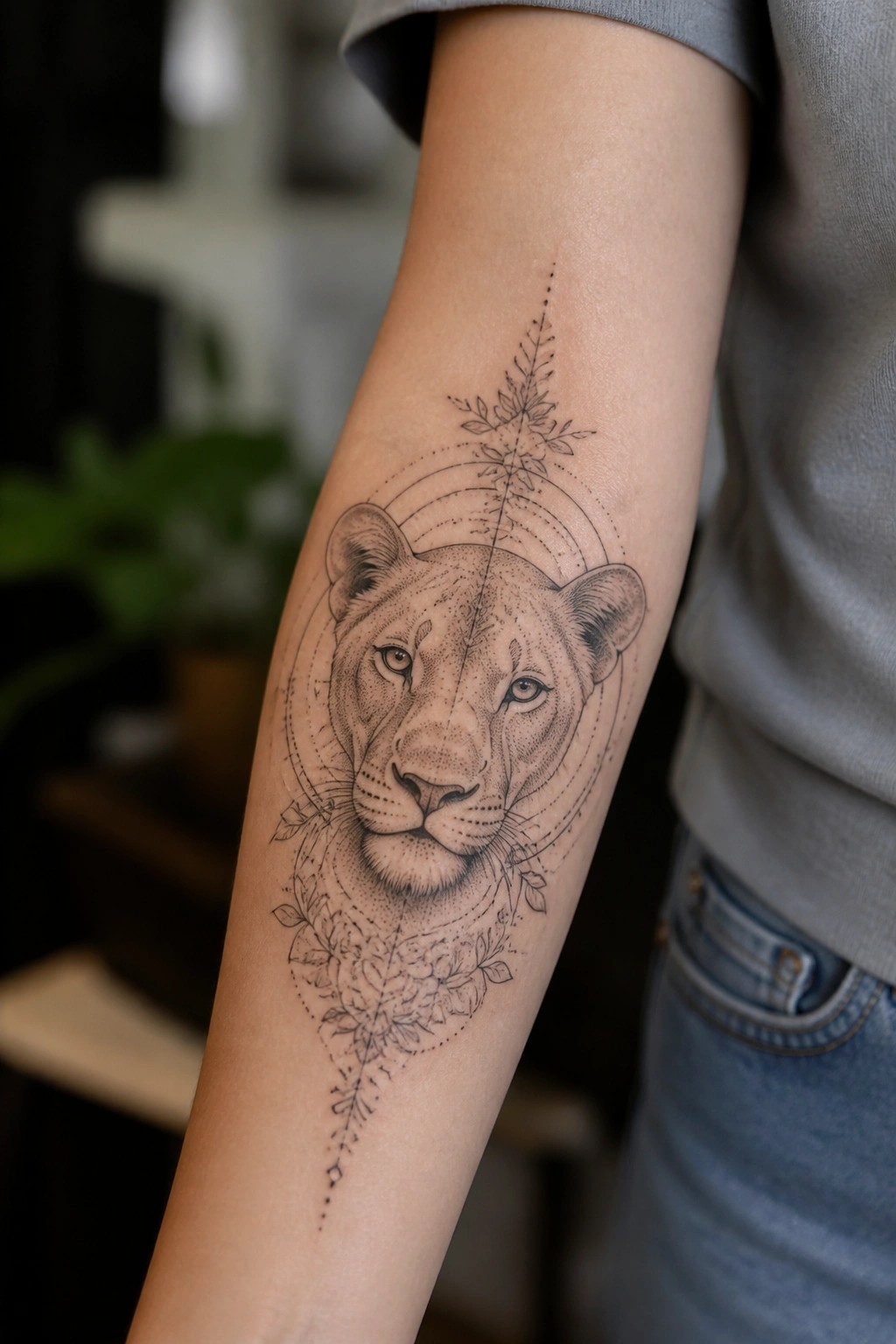 Lioness face tattoo on arm with geometric circles, florals, and dotted lines.