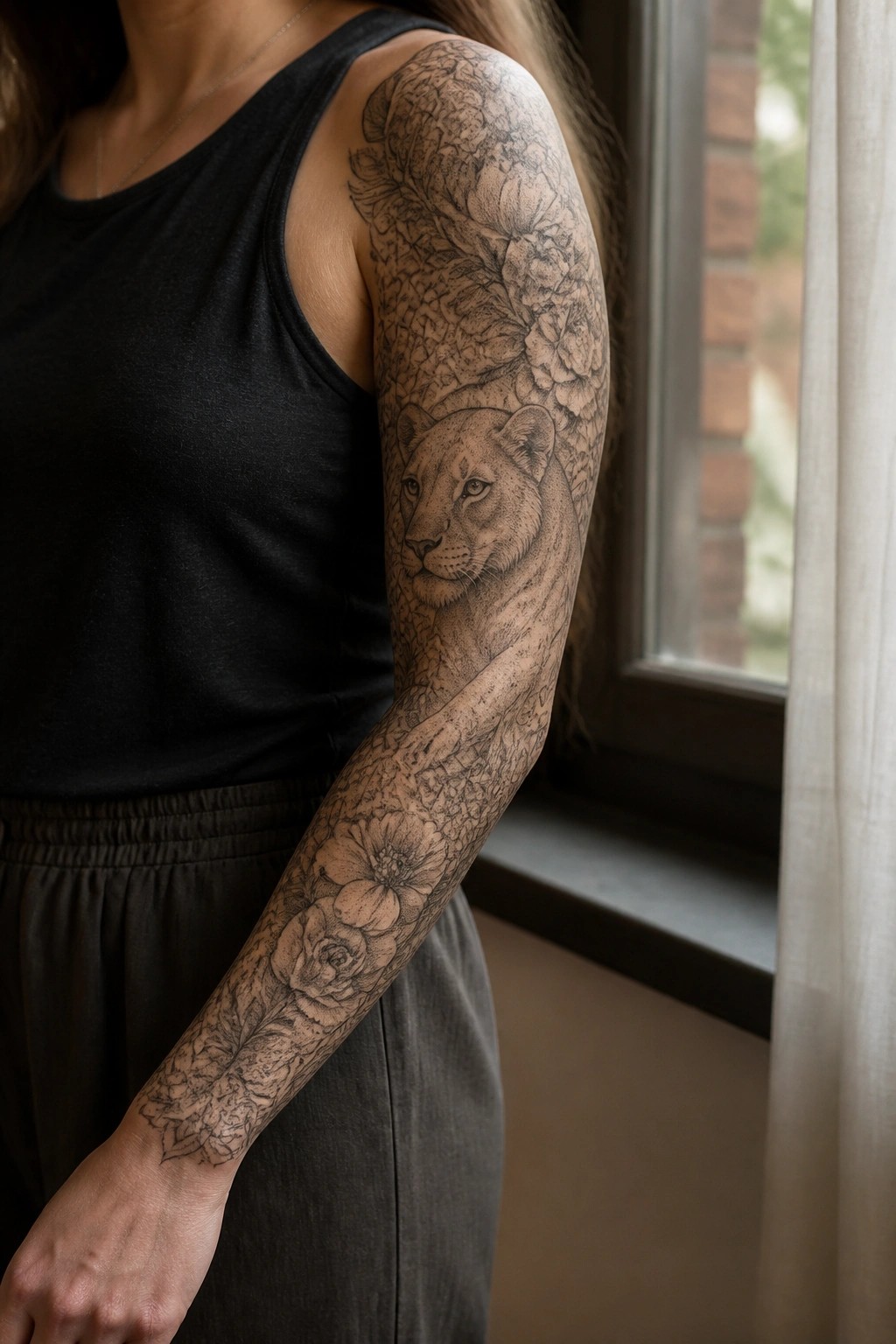 Woman's arm with lioness and floral tattoo, wearing black tank top and gray pants.
