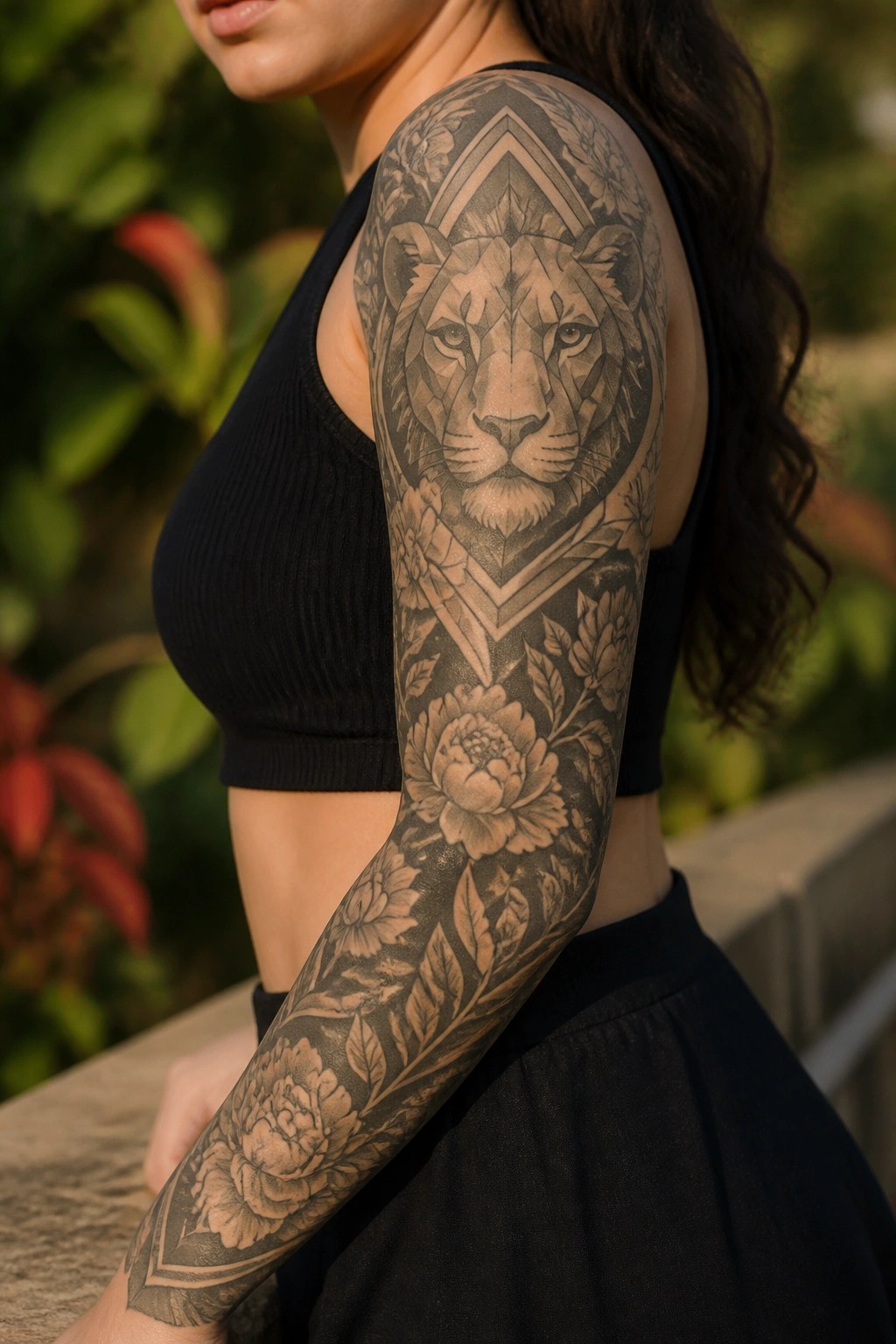 Woman in black crop top with lion and floral tattoo sleeve on arm