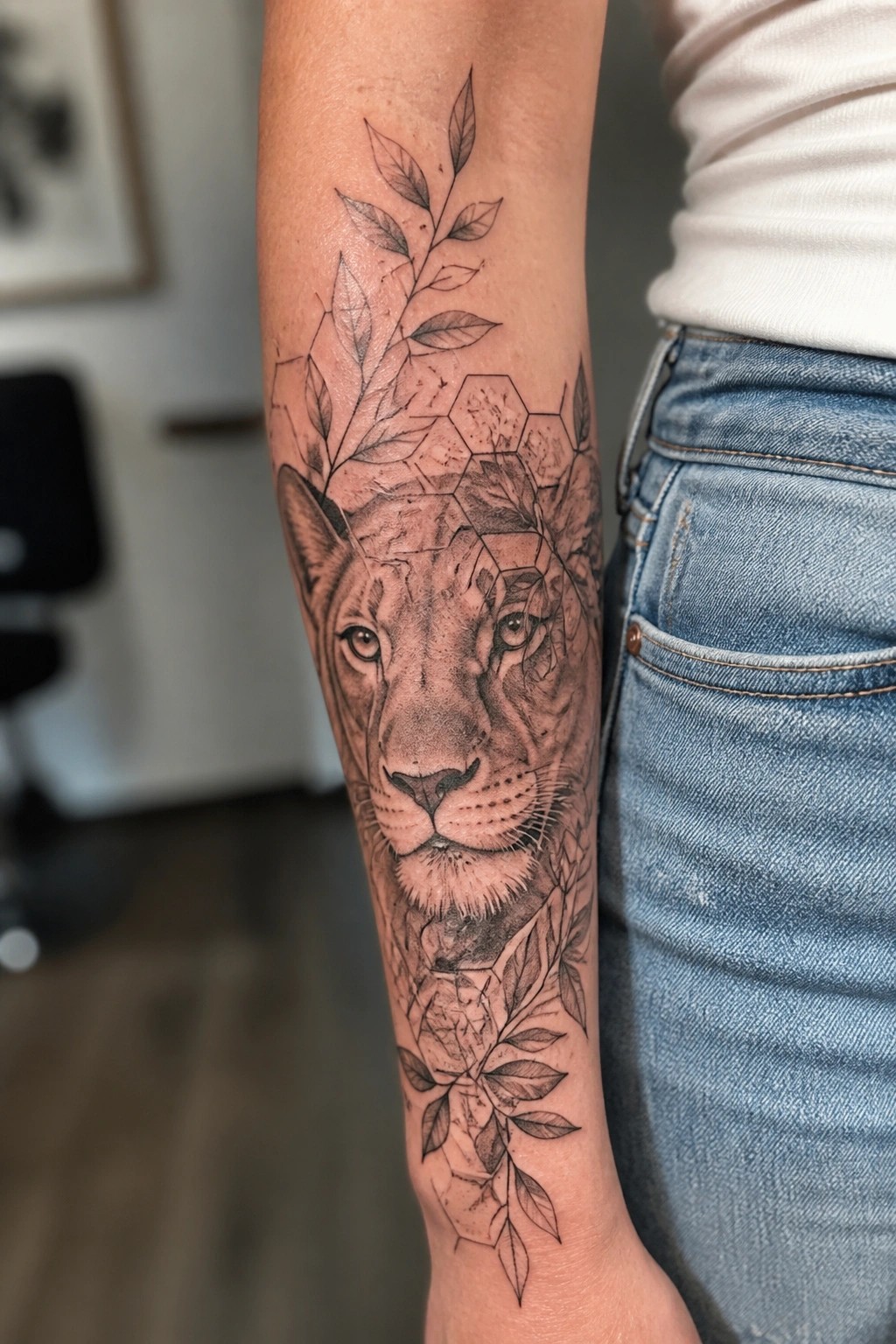 Lion tattoo with geometric hexagons and leaves on forearm, white shirt and jeans