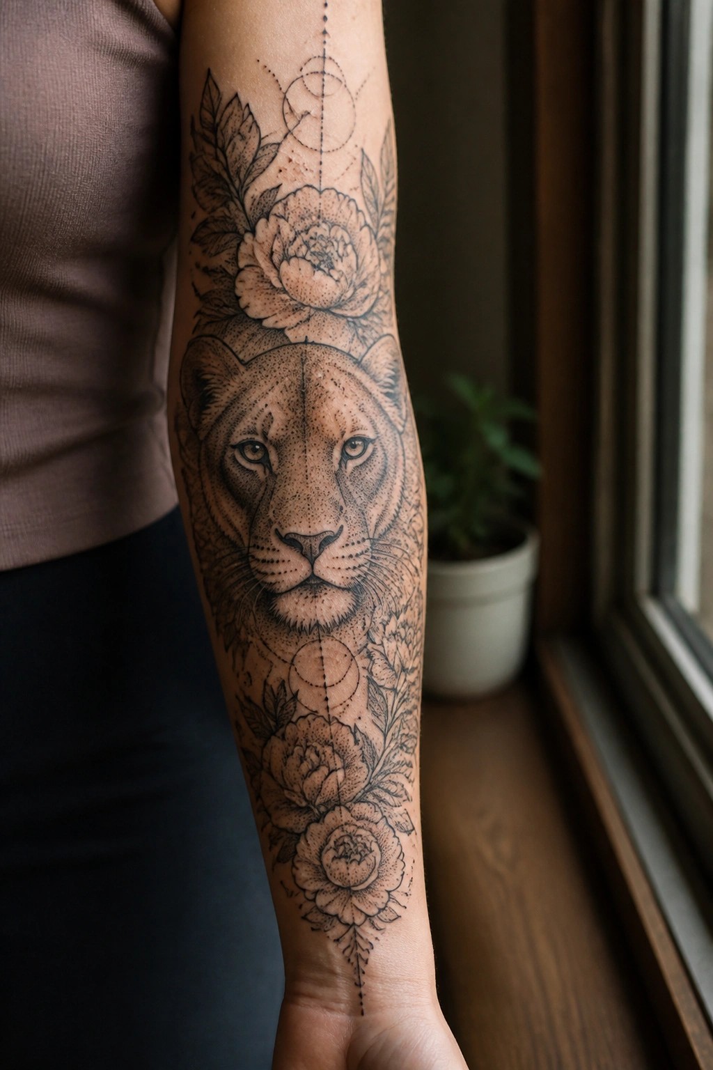 Black and grey dotwork tattoo of a lioness face with peony flowers and moon phase geometry running vertically along the inner forearm