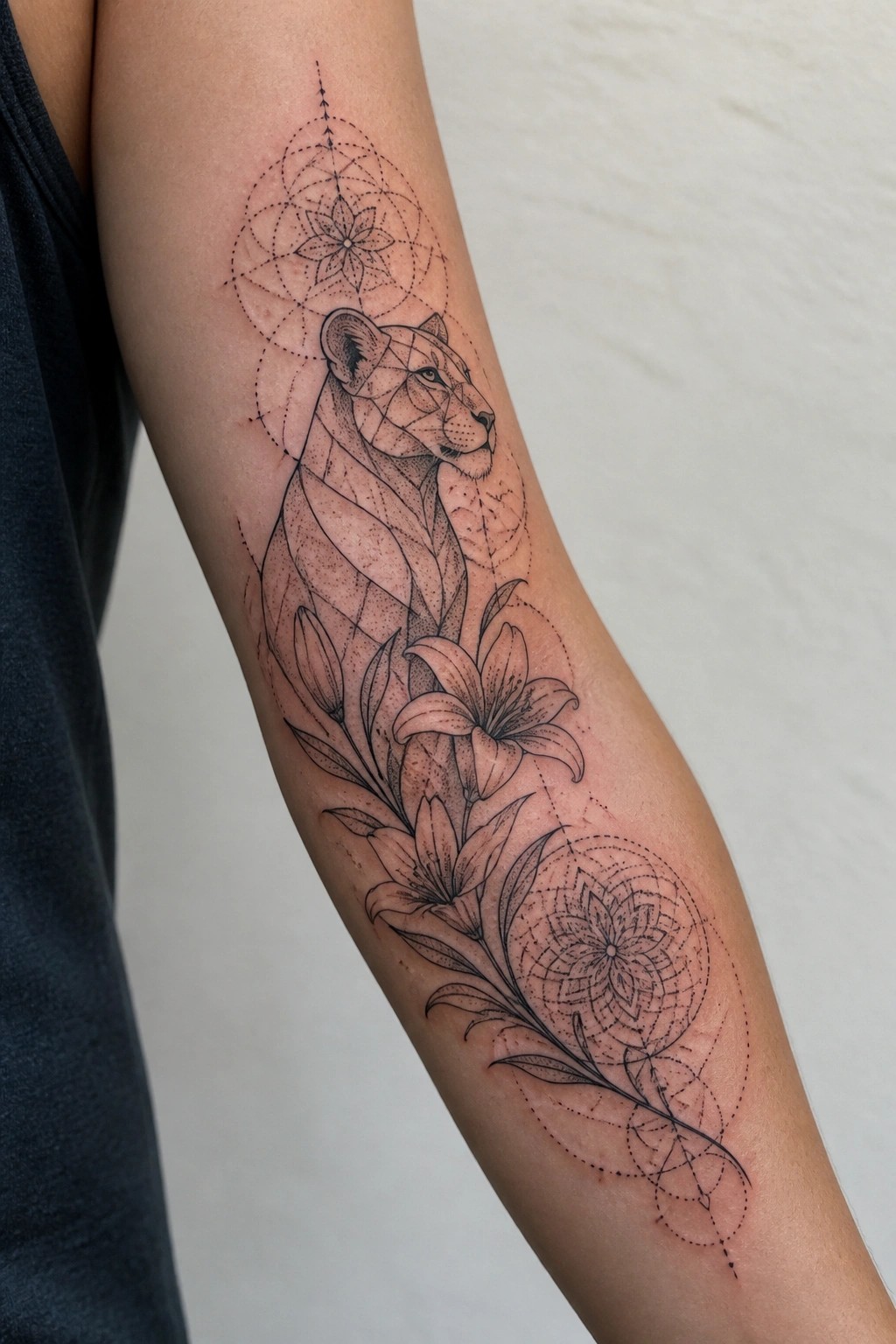 Black and grey geometric lioness tattoo with lilies and mandala accents on the inner forearm