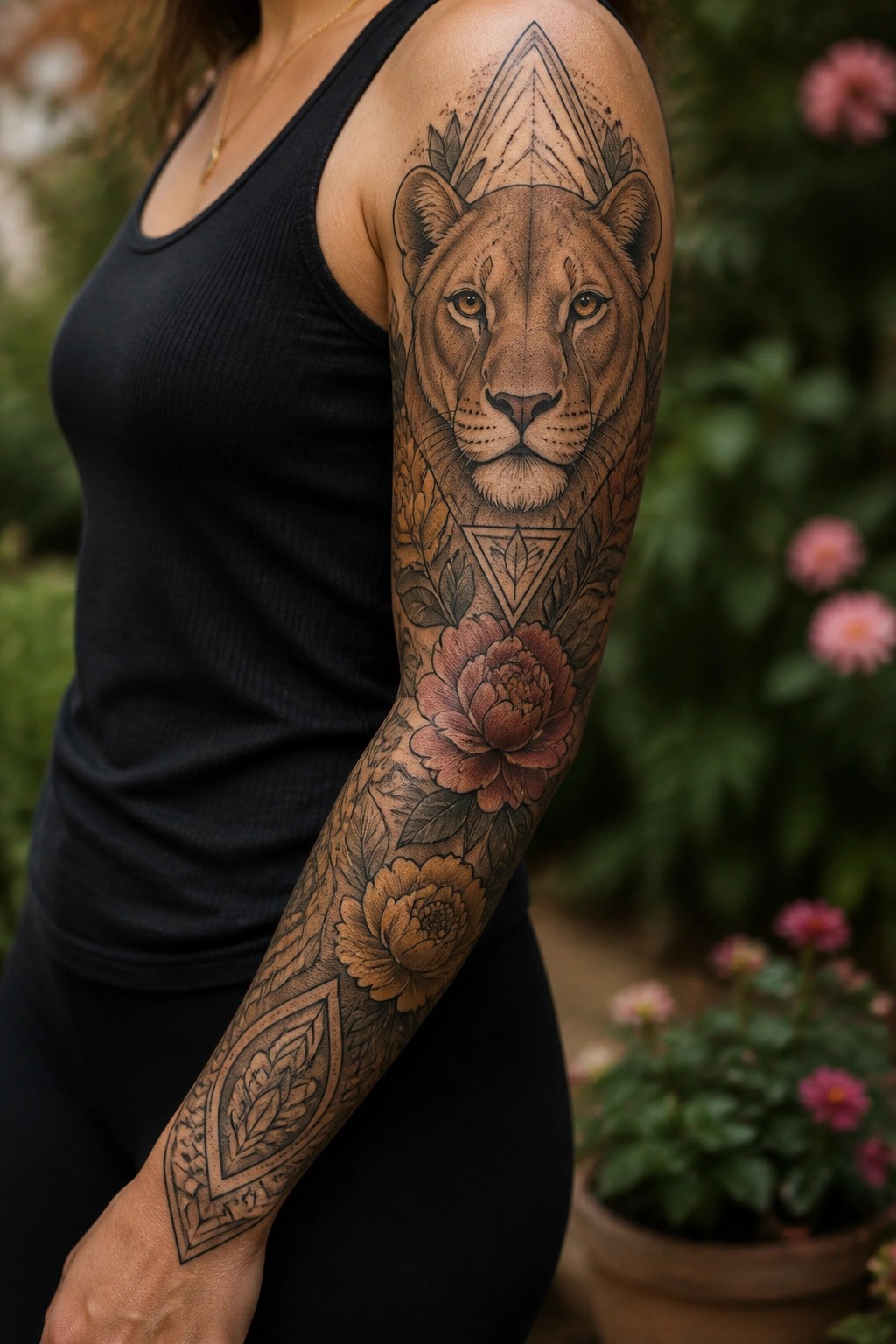 Full sleeve tattoo of a lioness face with geometric triangles and floral elements running down the arm in black and brown tones