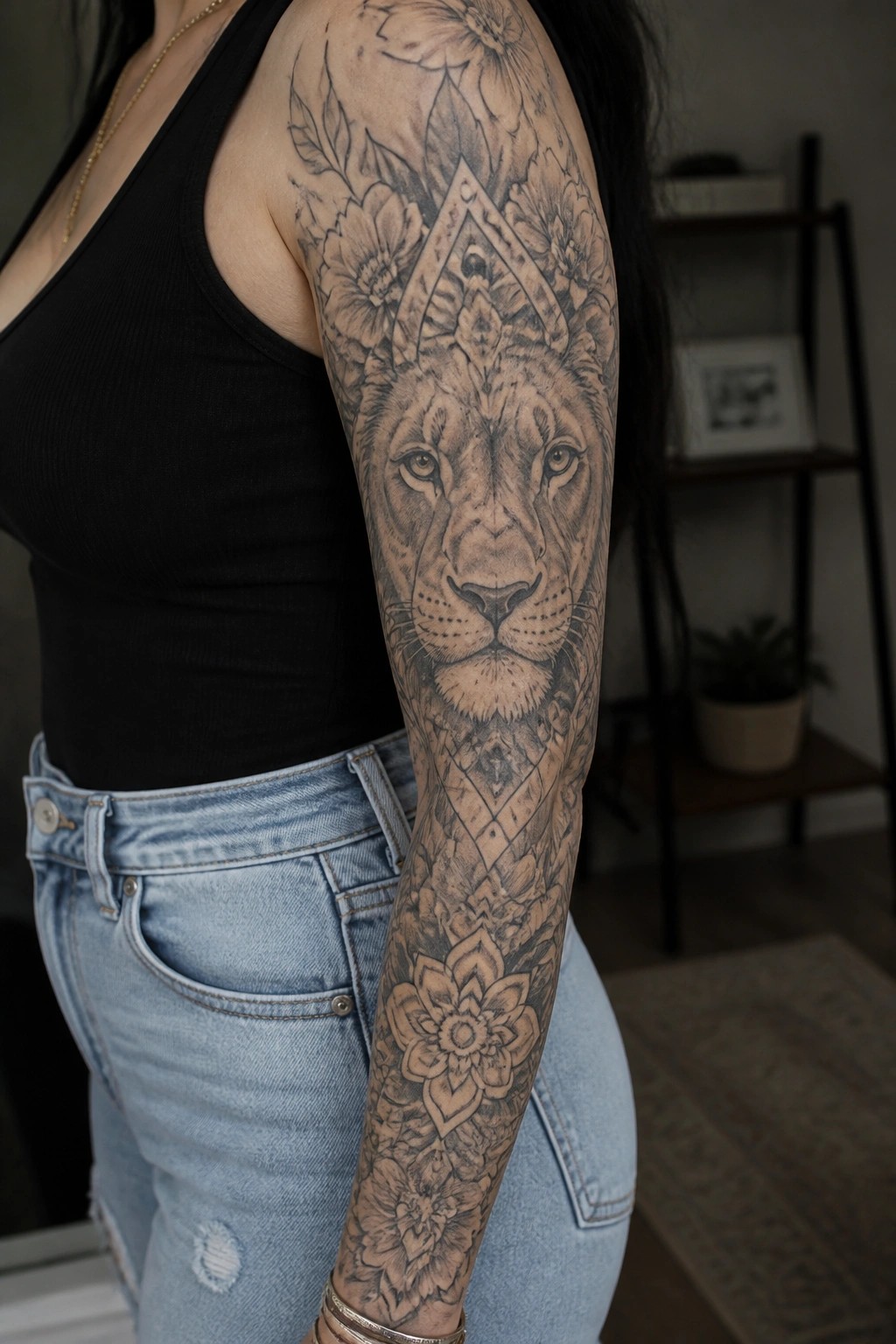 Woman's arm with detailed lion and floral tattoo, wearing black tank top and jeans