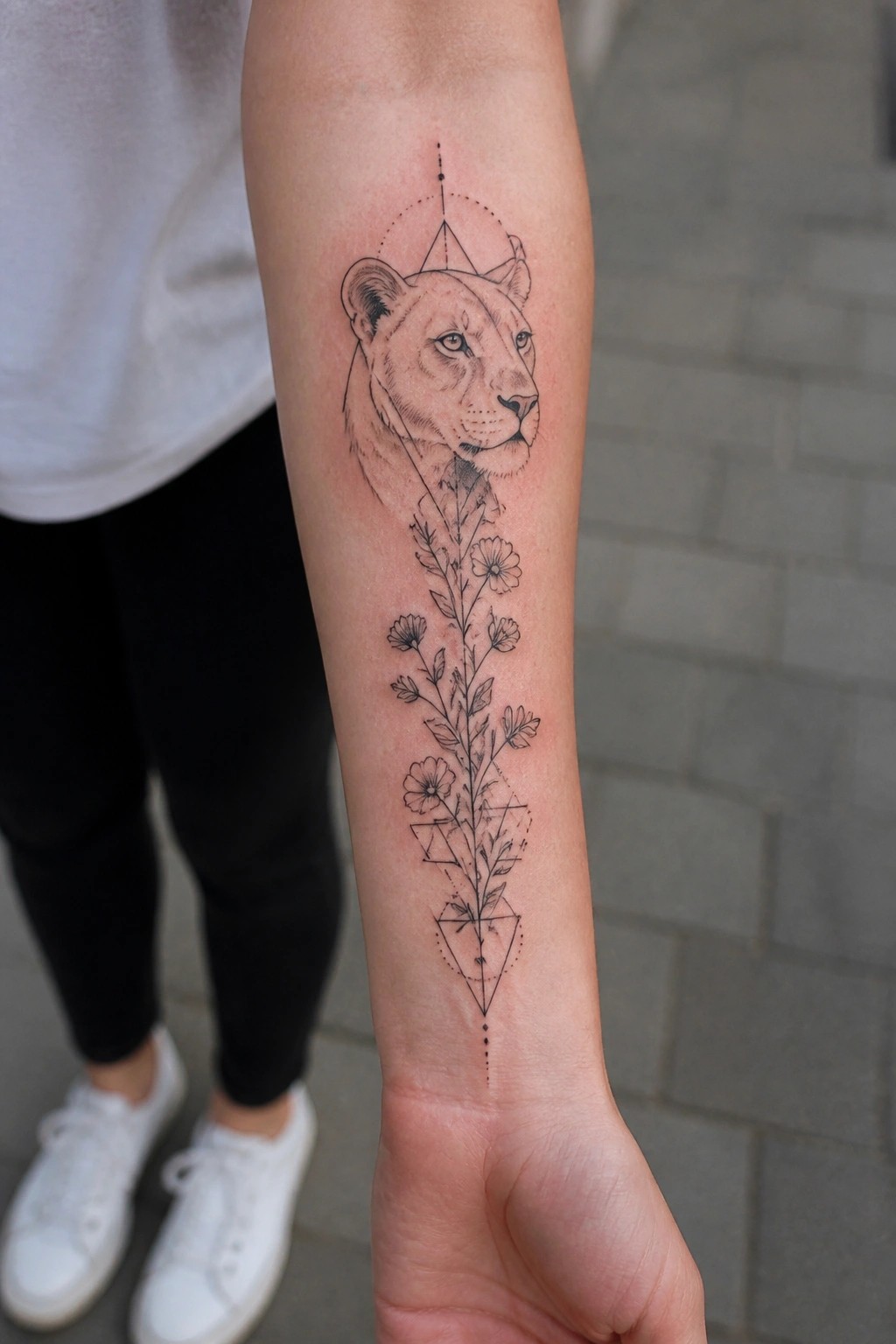 Forearm tattoo of lioness head above long floral geometric pattern, white sneakers visible