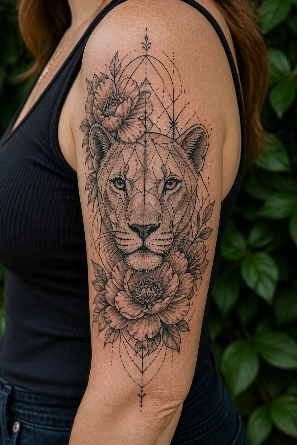 Black and grey lioness face tattoo on upper arm with geometric lines and surrounding flowers