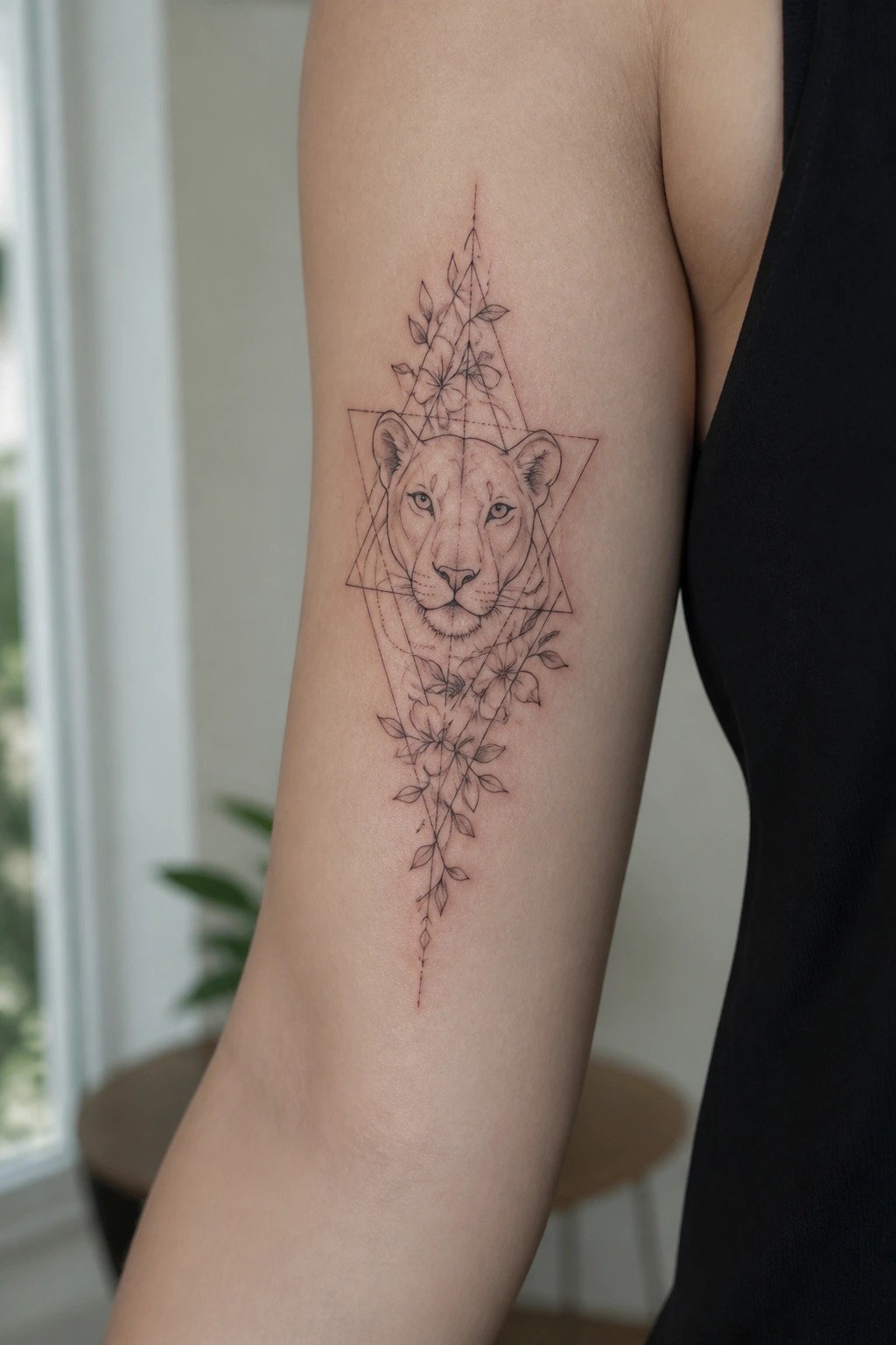 Lioness face tattoo with geometric triangles and floral designs on upper arm