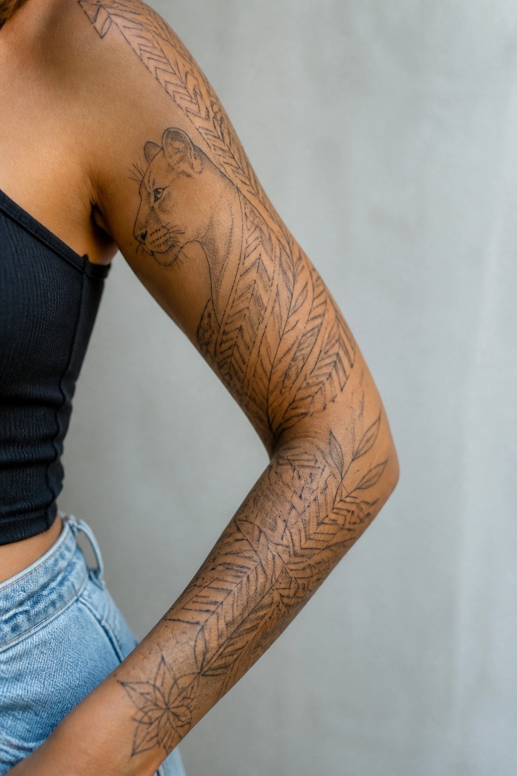 black and grey lioness head tattoo on upper arm with chevron patterns and leaves flowing down the sleeve toward the forearm