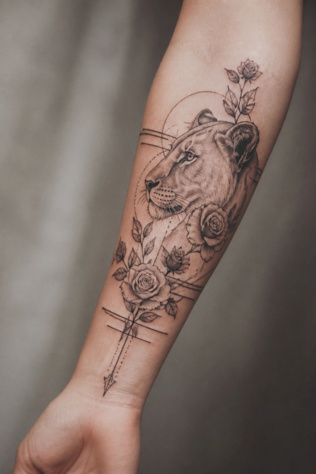 Black and grey lioness tattoo with roses, arrow, and geometric lines on forearm.