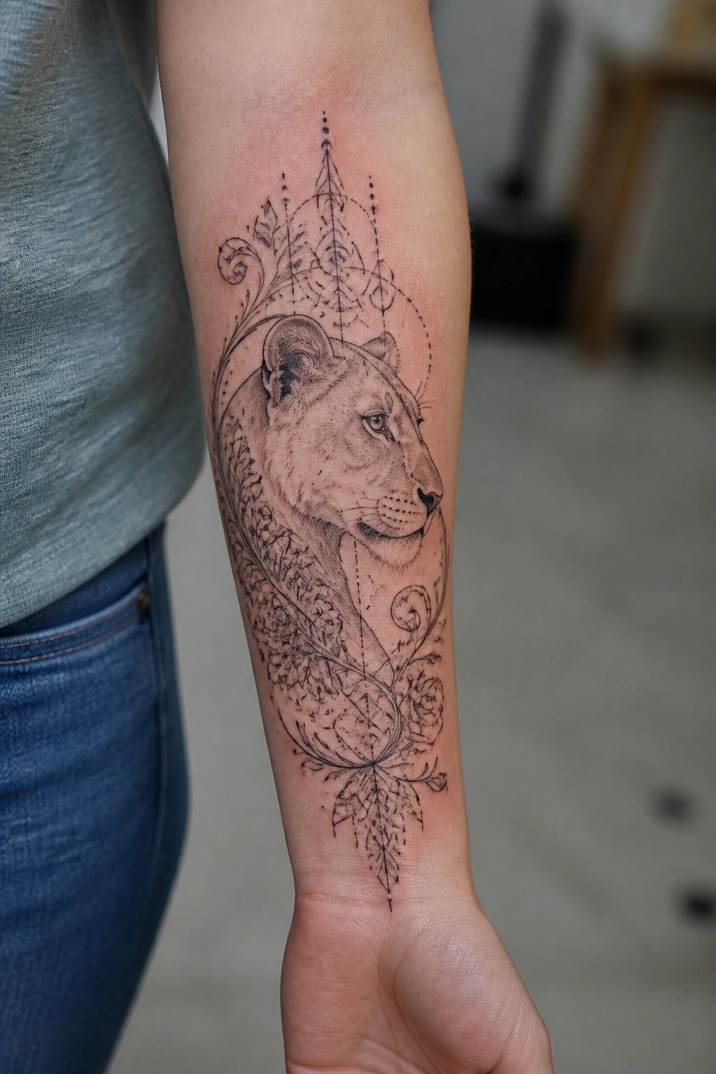 Detailed lioness tattoo on forearm with floral geometric patterns, gray shirt and jeans