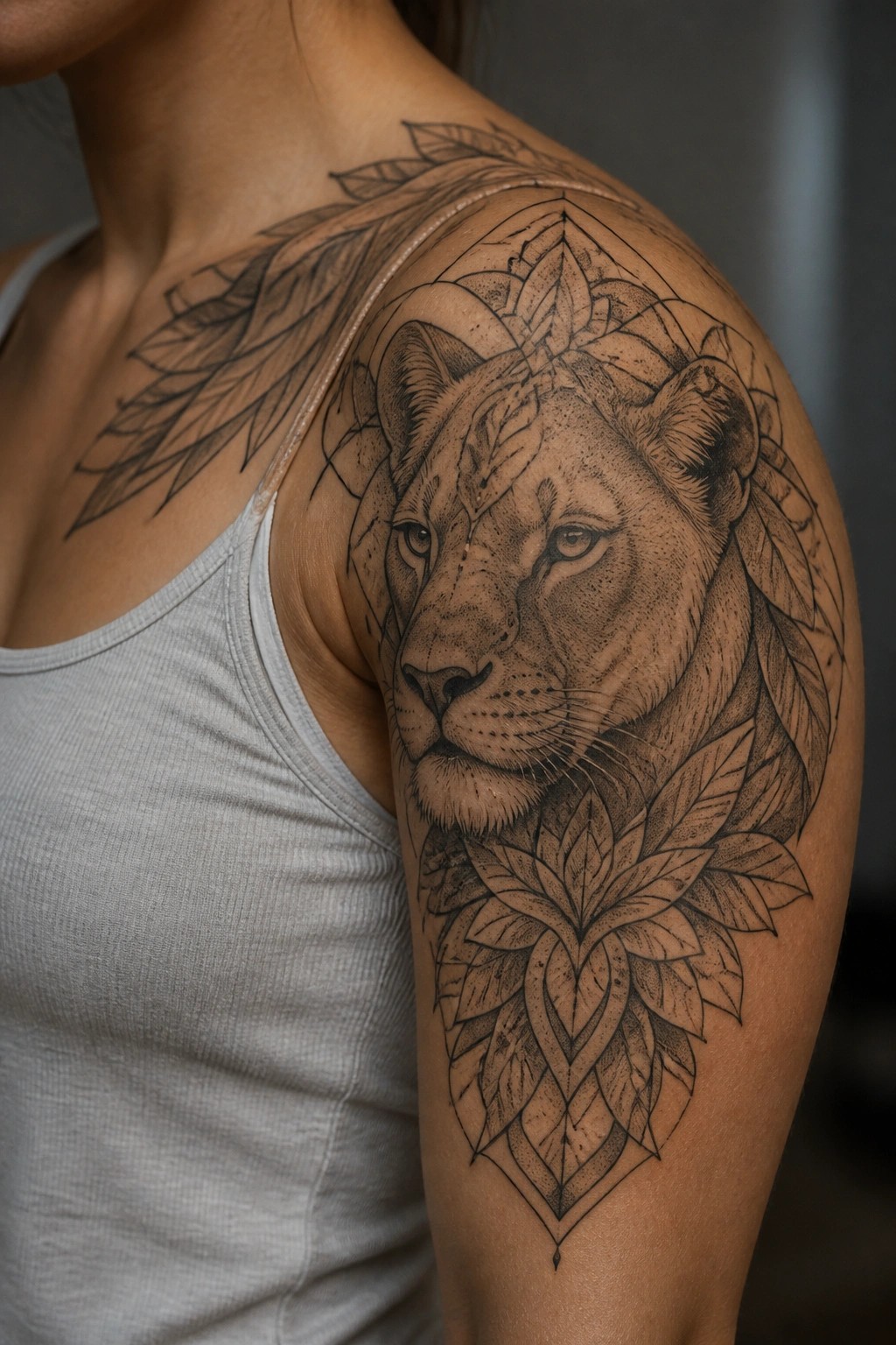 Black and grey lioness head tattoo on upper arm with integrated leaves and geometric patterns extending toward the shoulder.