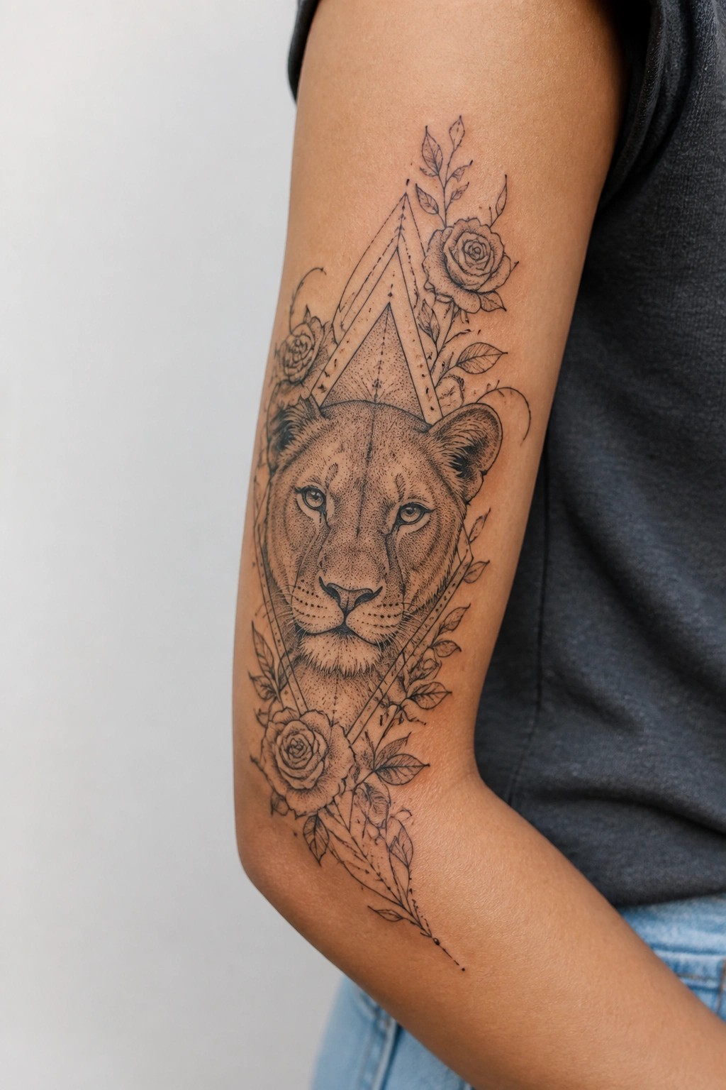 Lioness face tattoo with geometric triangles, roses, and leaves on upper arm.