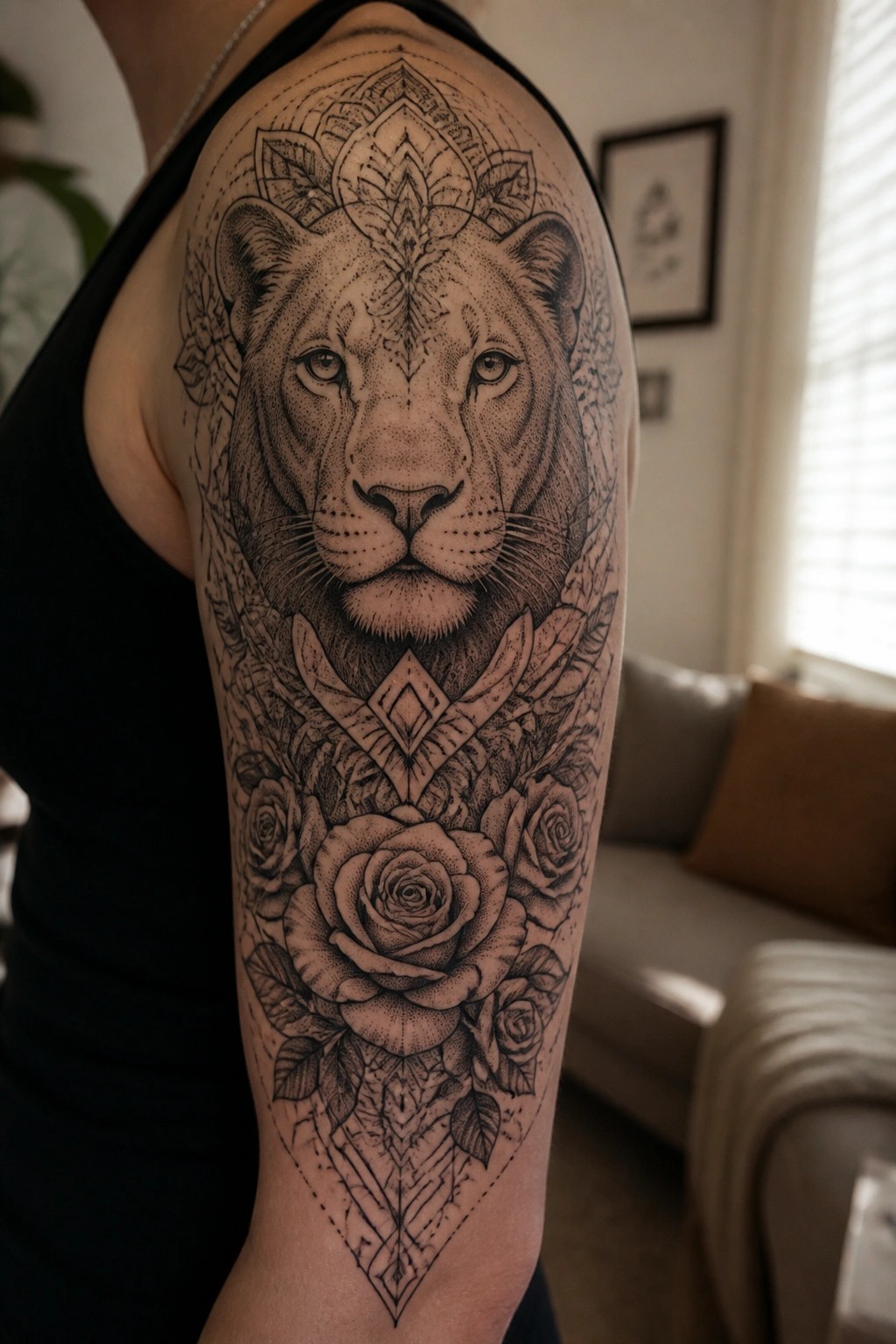Black and grey lioness tattoo on upper arm with roses and geometric patterns filling the sleeve area below.