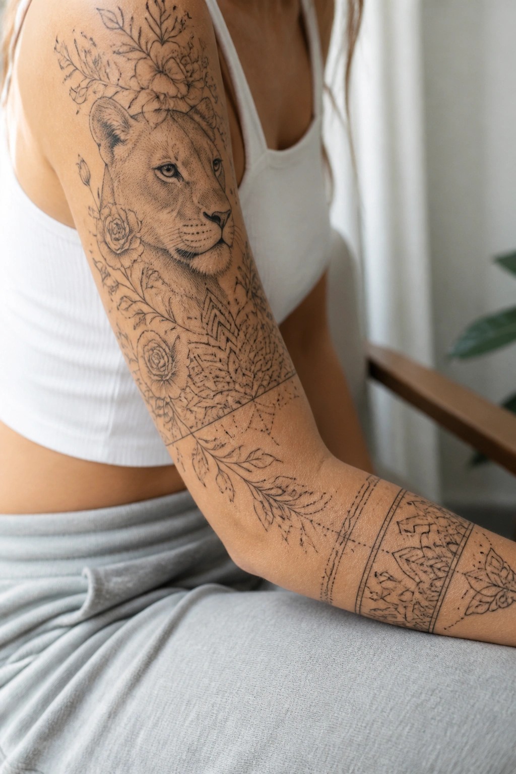A woman's arm featuring a lioness head on the upper arm surrounded by roses and leaves that flow into geometric and mandala patterns down the forearm.