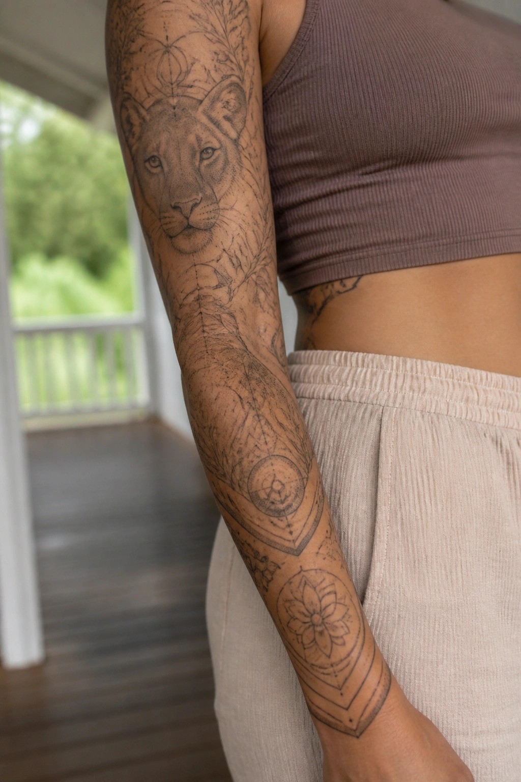 Woman's arm with lioness, floral, and geometric tattoos, wearing brown crop top and beige pants.