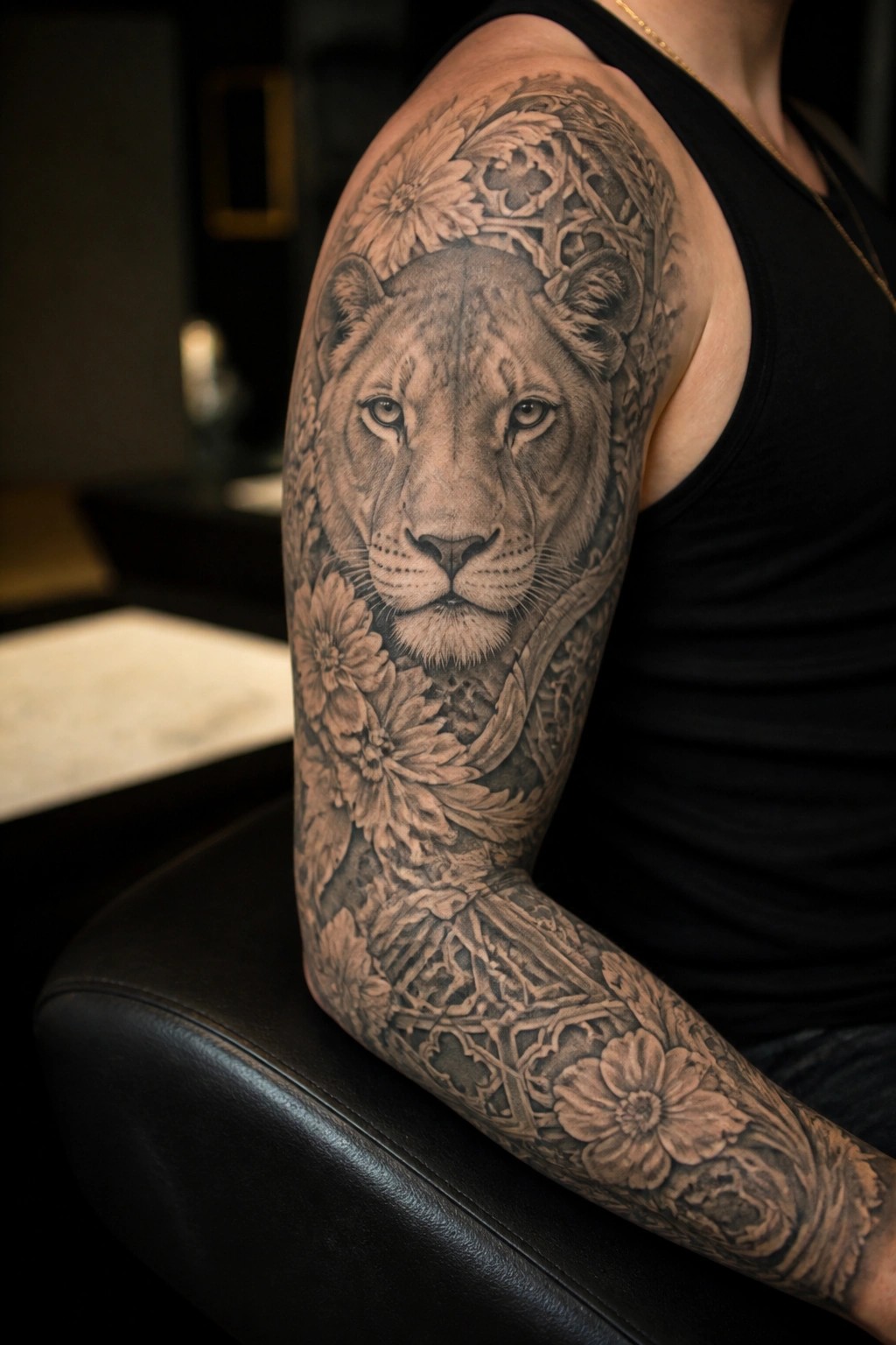 Intricate lion and floral tattoo covering arm in black tank top
