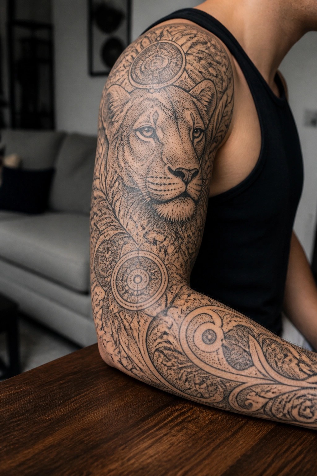 Detailed lion tattoo covering arm of person in black tank top on wood table