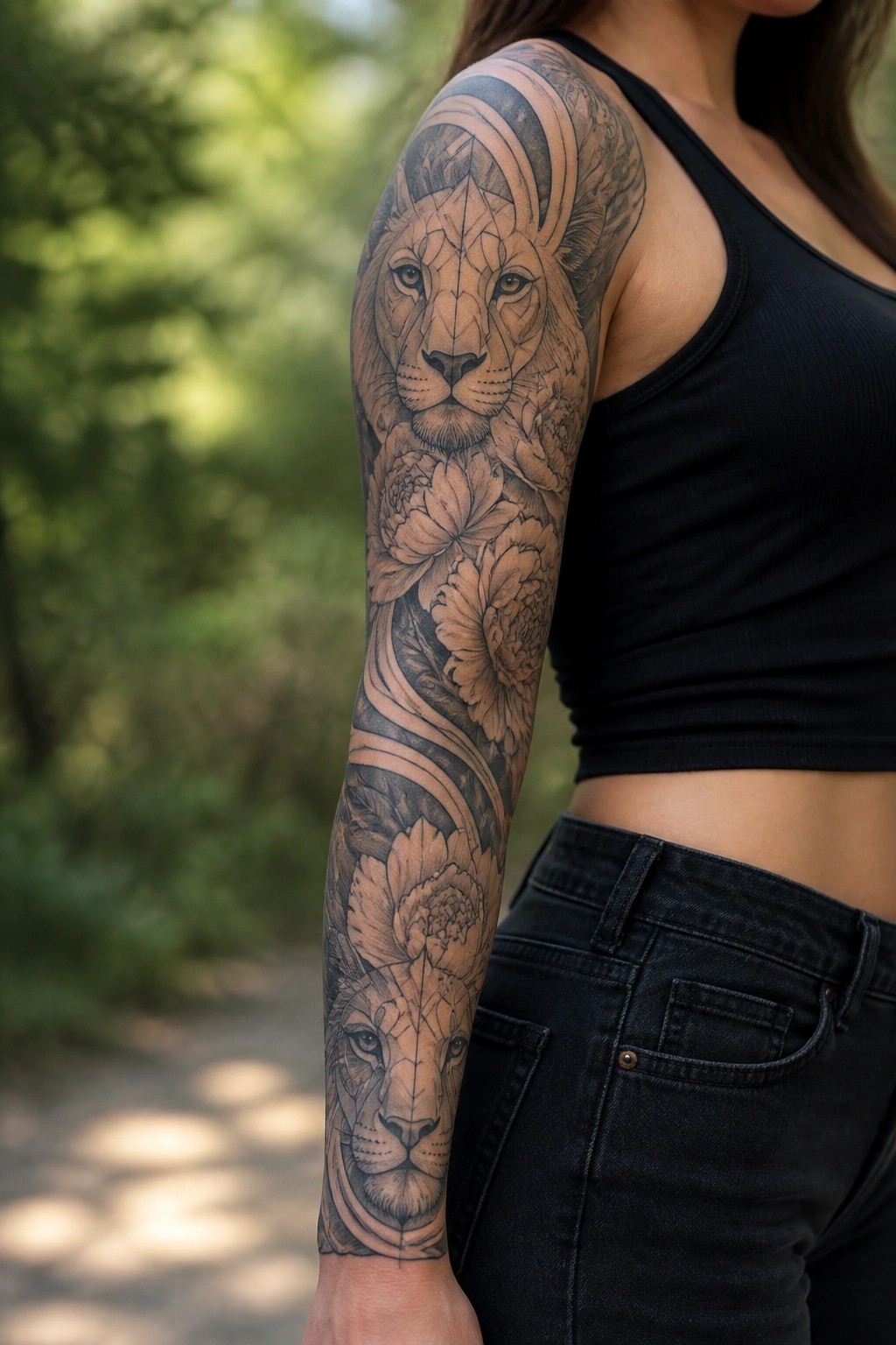 Woman's arm with detailed lion and flower tattoo sleeve, black tank top outdoors