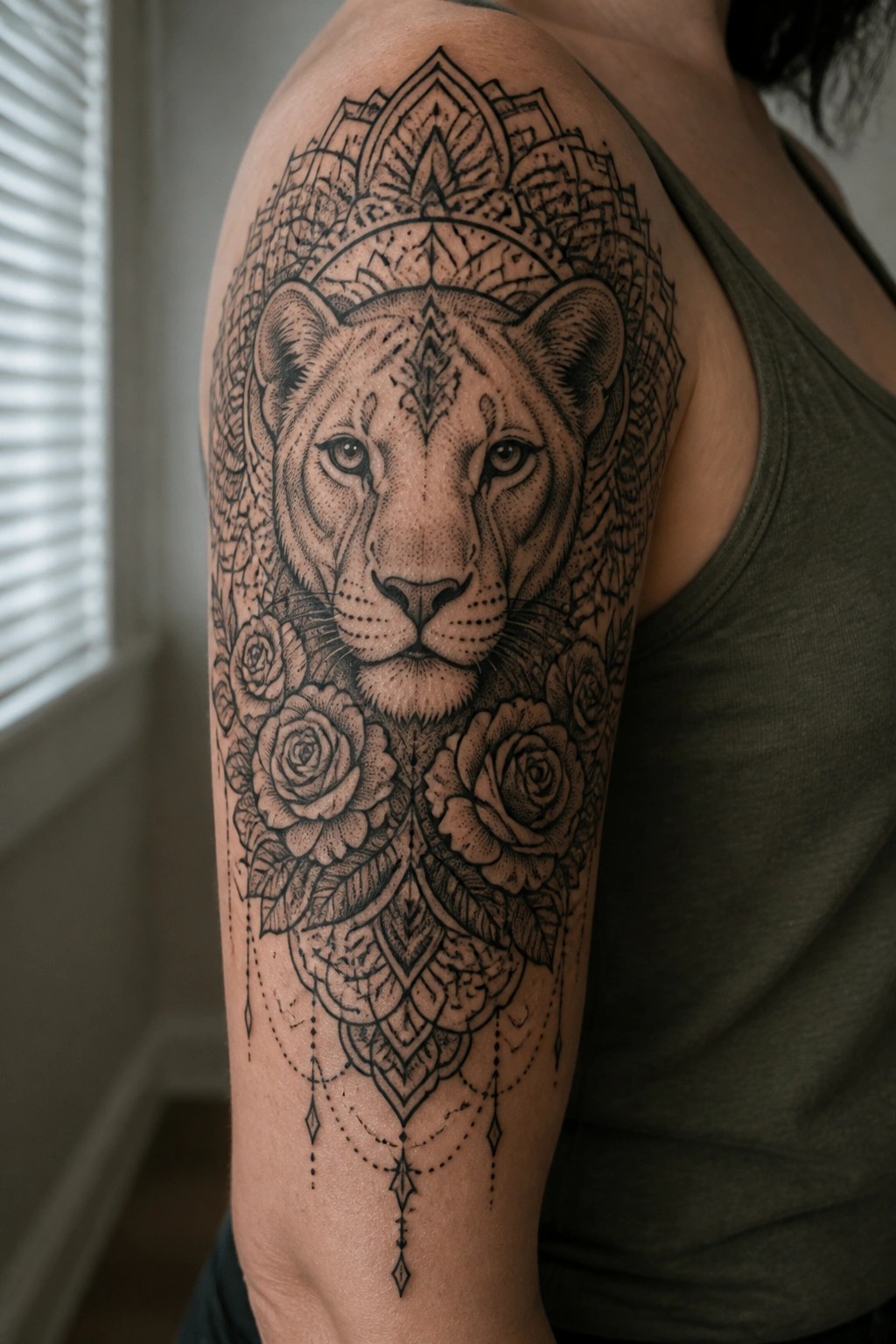 Lion tattoo with roses and mandala patterns on arm in green tank top