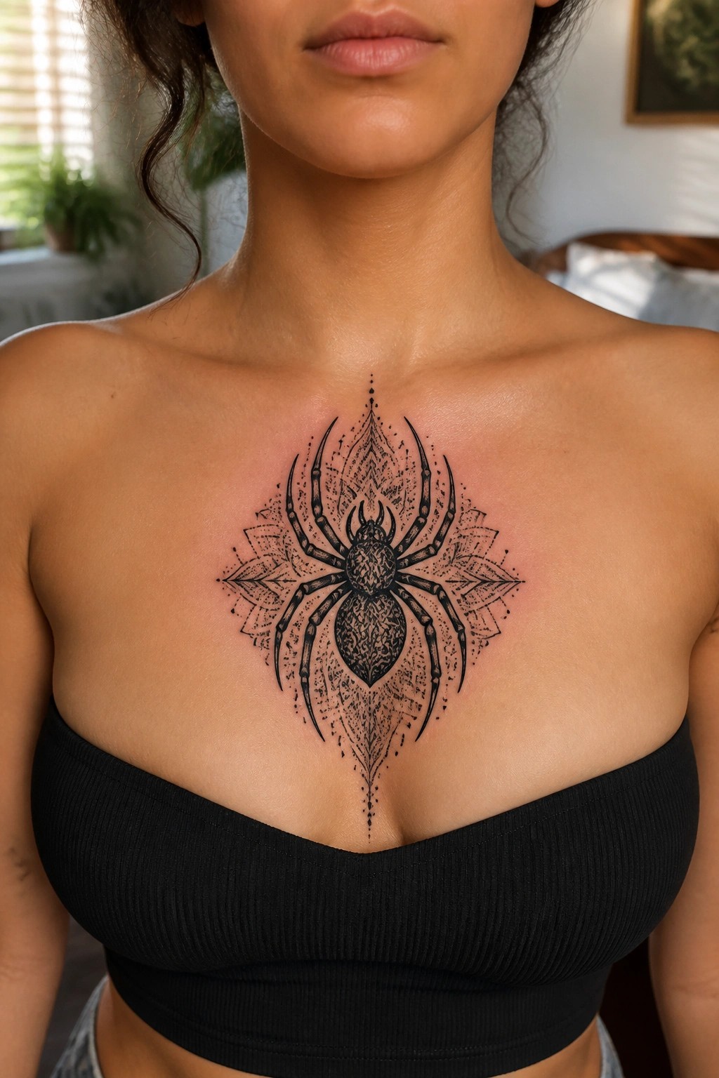 Woman's chest with large black spider mandala tattoo above black strapless top