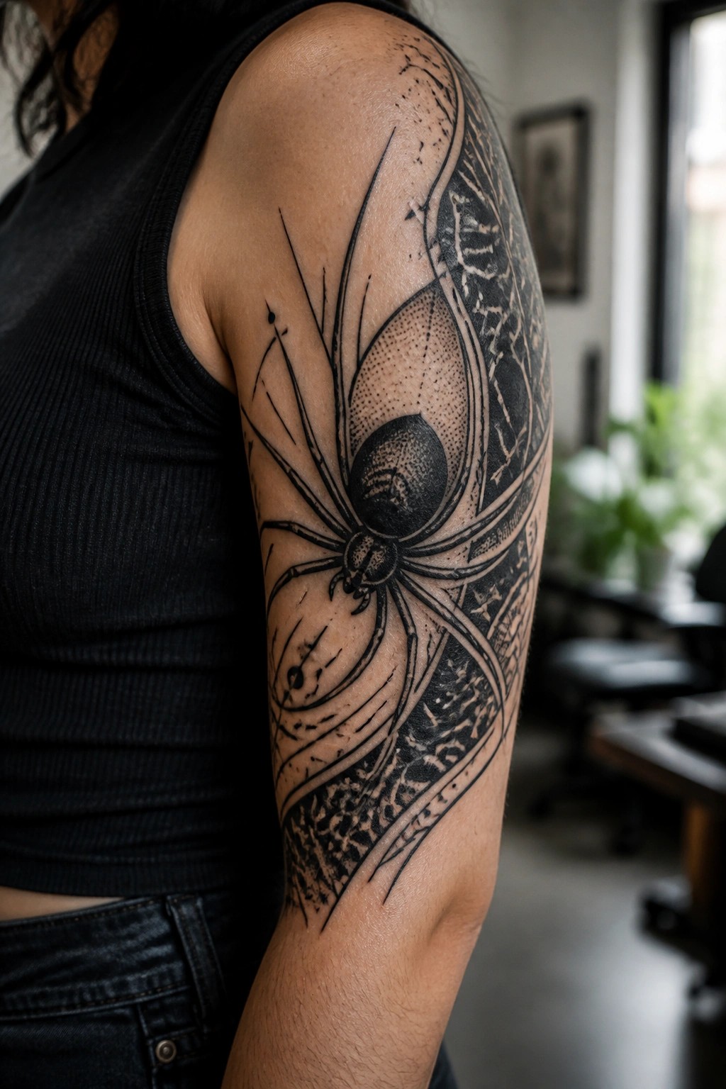 Black tank top and large detailed spider tattoo on upper arm.