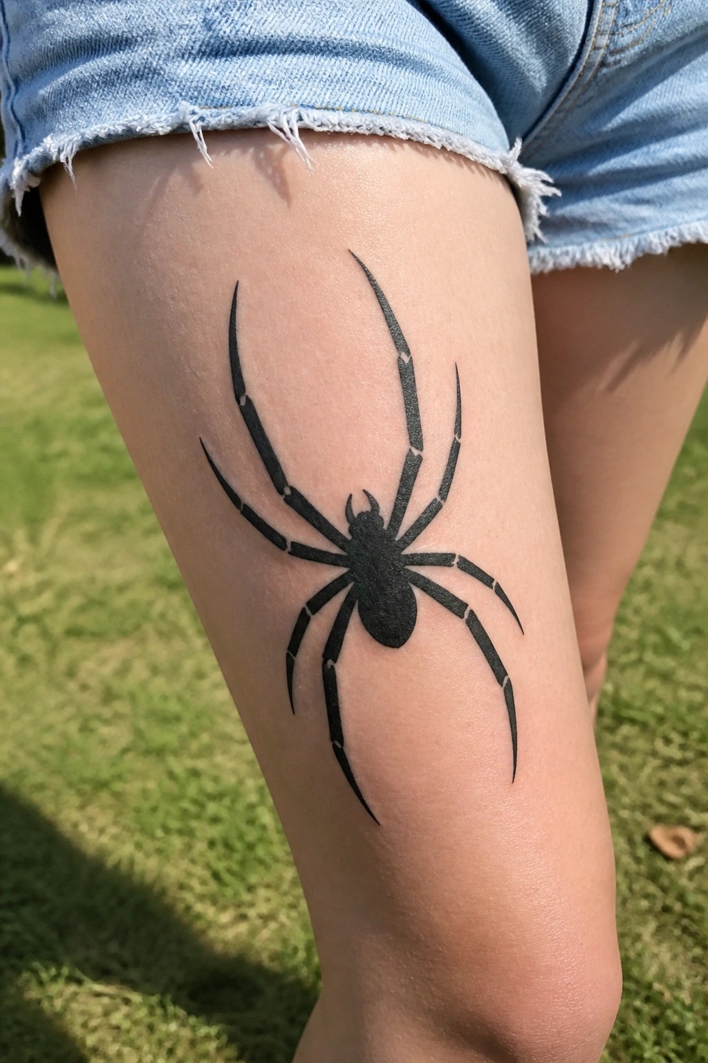 Black spider tattoo on thigh with frayed blue denim shorts on grass