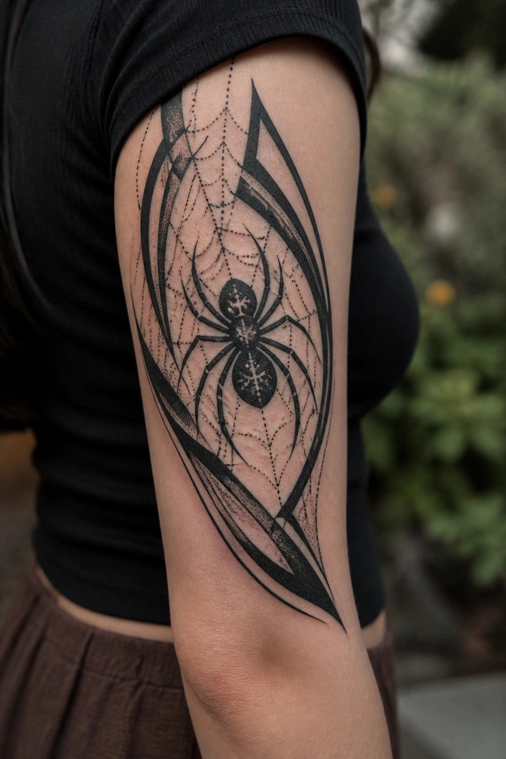 Black spider tattoo with web and tribal patterns on upper arm