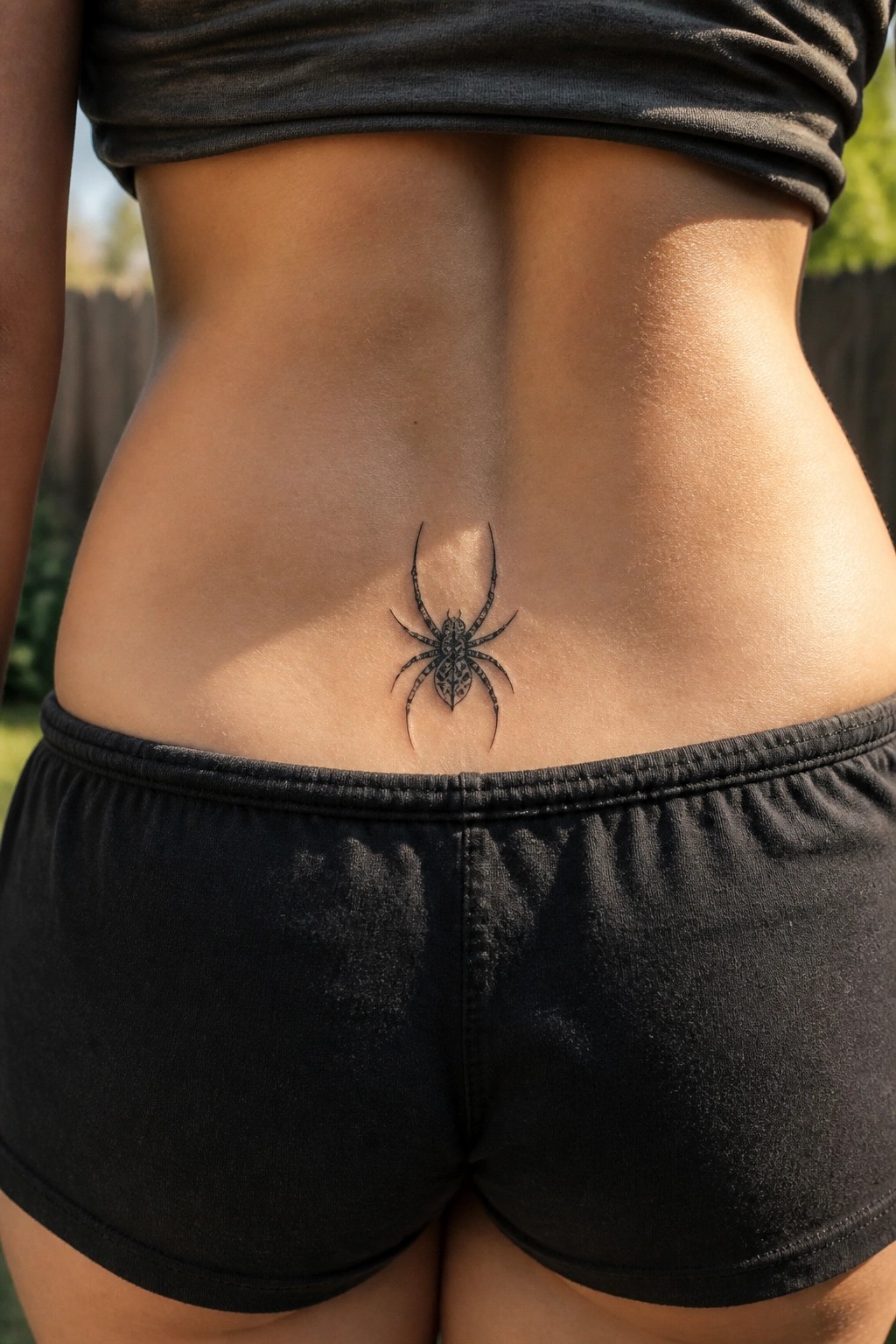 Black spider tattoo on lower back between crop top and shorts